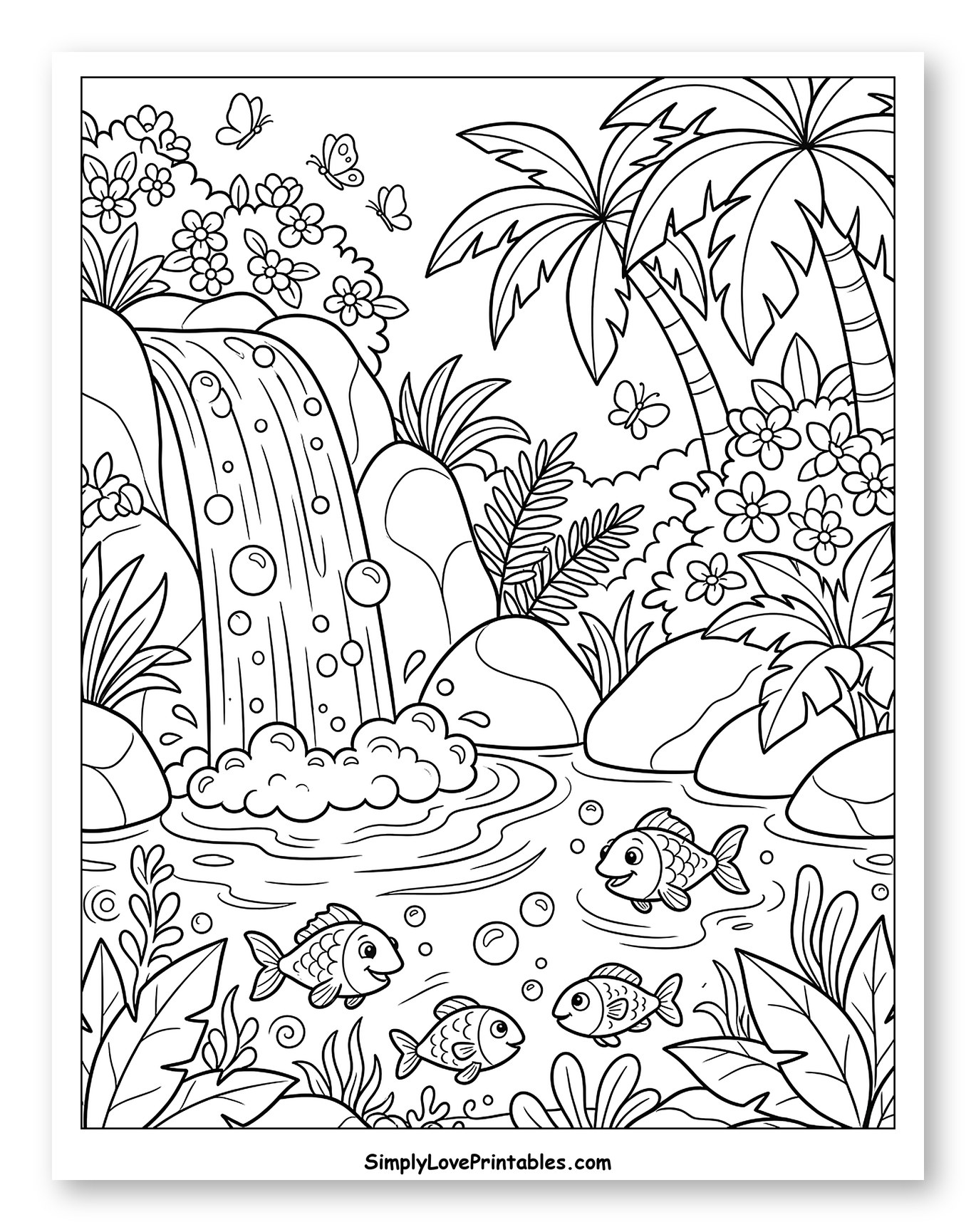Bubbly Waterfall with Fish Coloring Sheet for Kids
