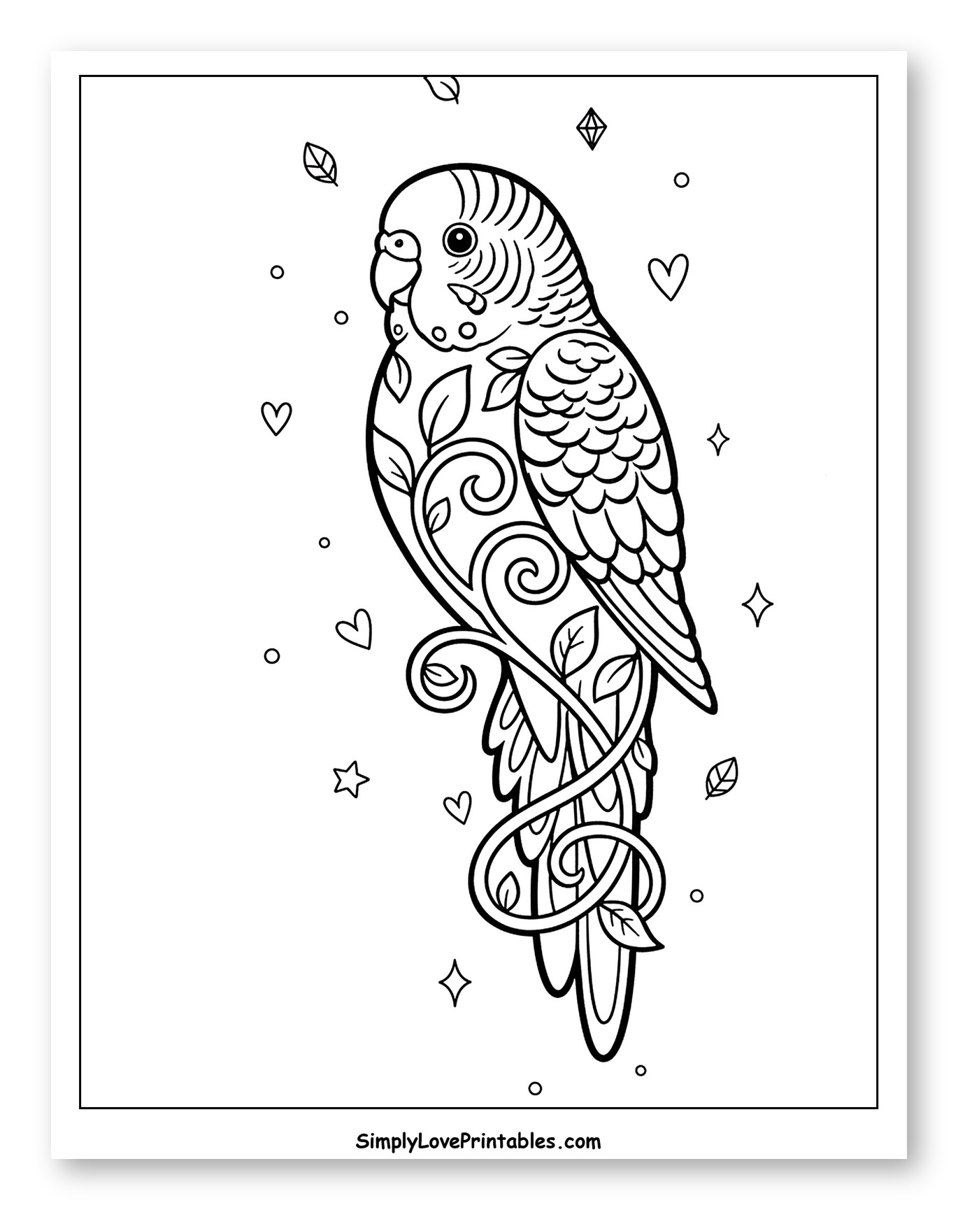 Budgie Bird with Vine and Leaf Pattern