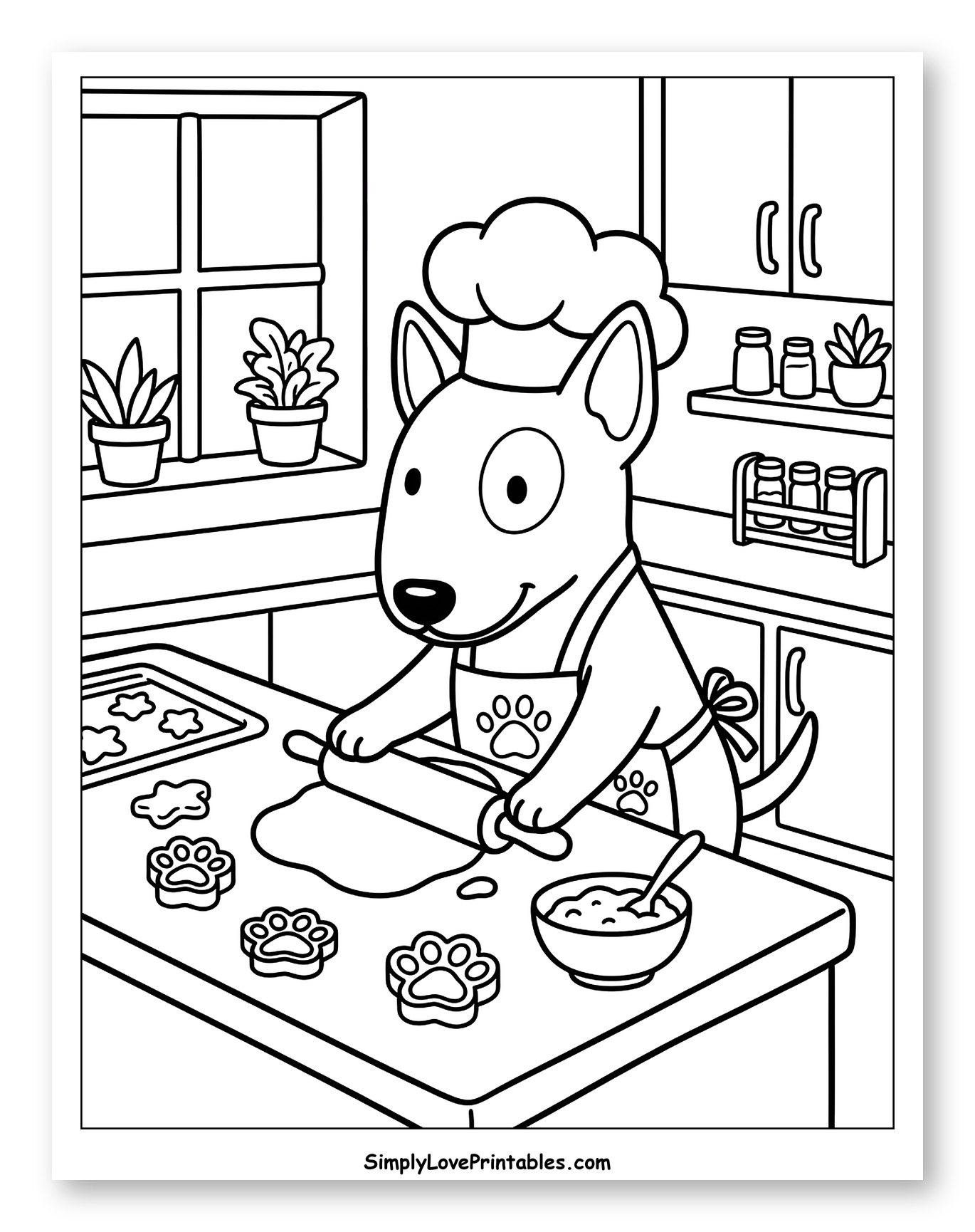 Bull Terrier Baking Paw Print Cookies to Color for Kids