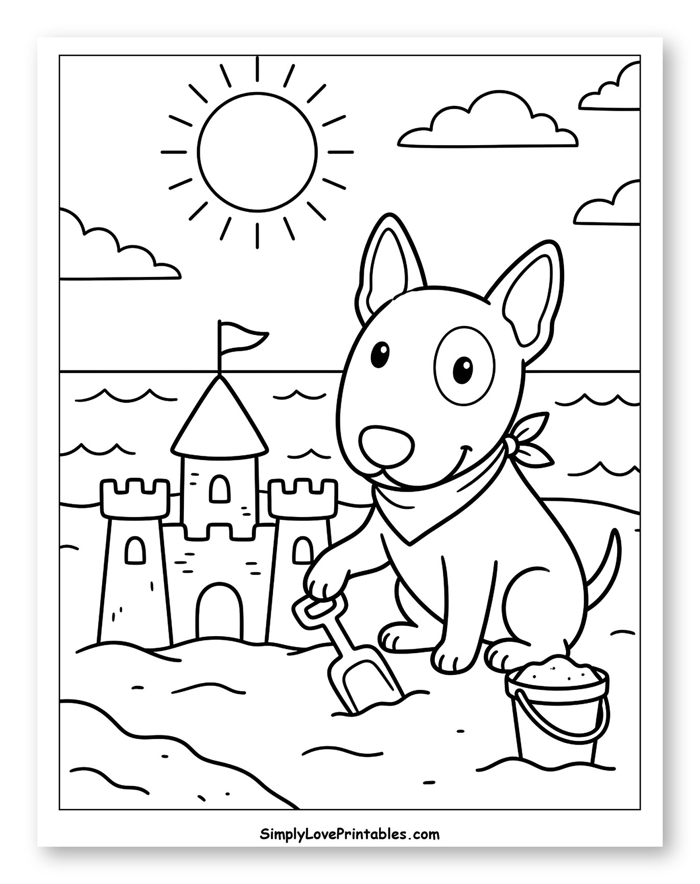 Bull Terrier Building Sandcastle at the Beach