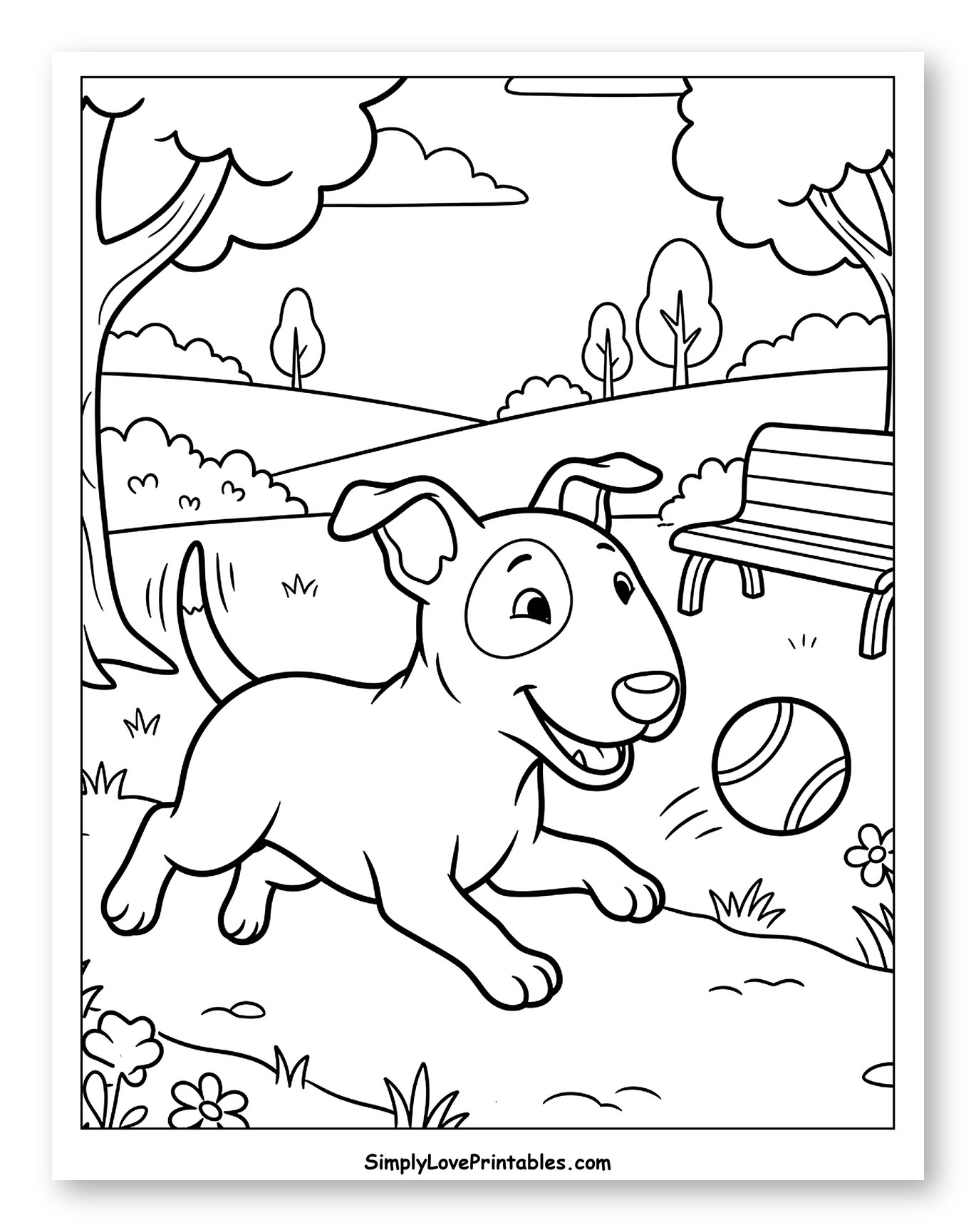 Bull Terrier Dog Playing with Ball in Park to Color for Kids