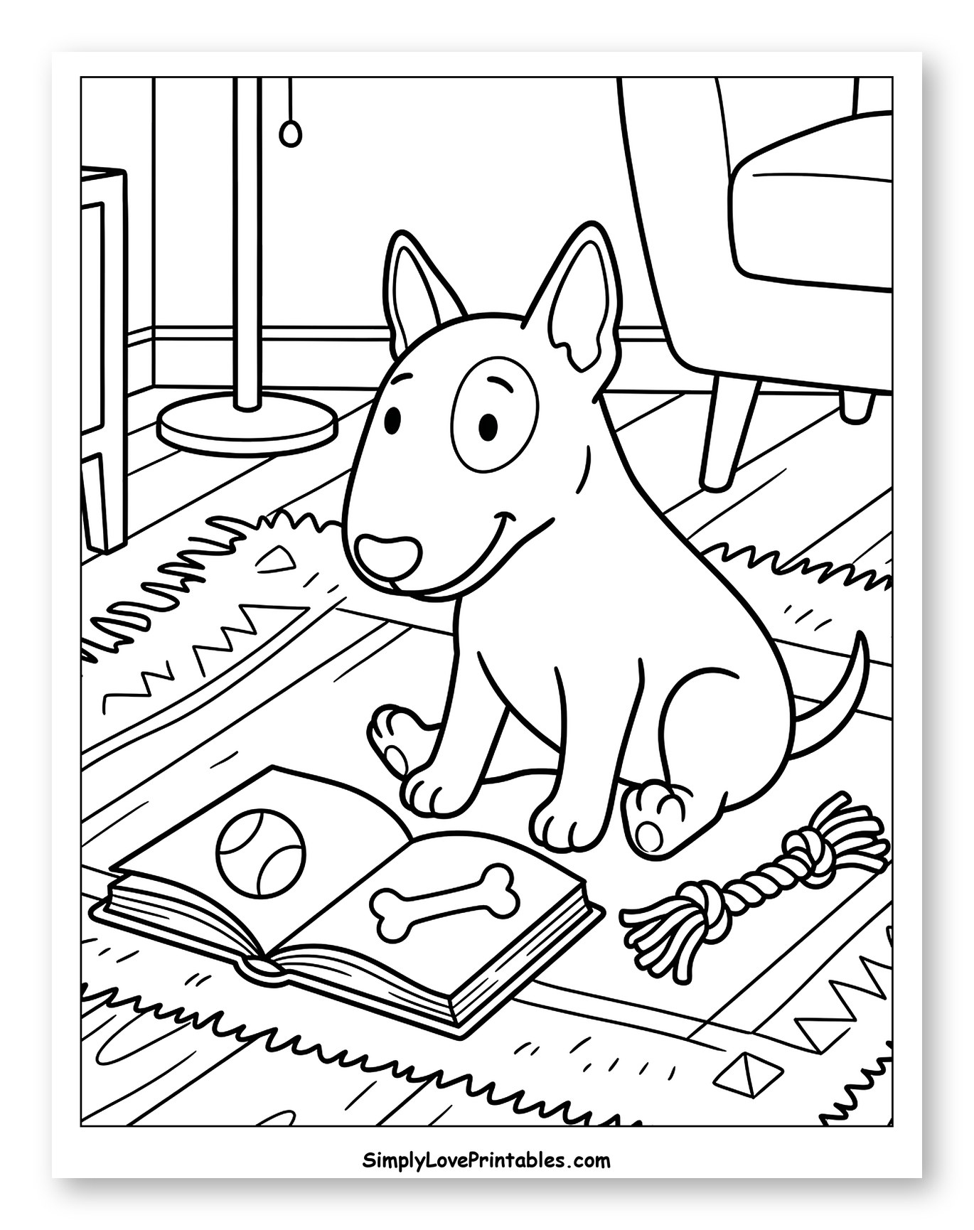 Bull Terrier Dog with Book and Toy