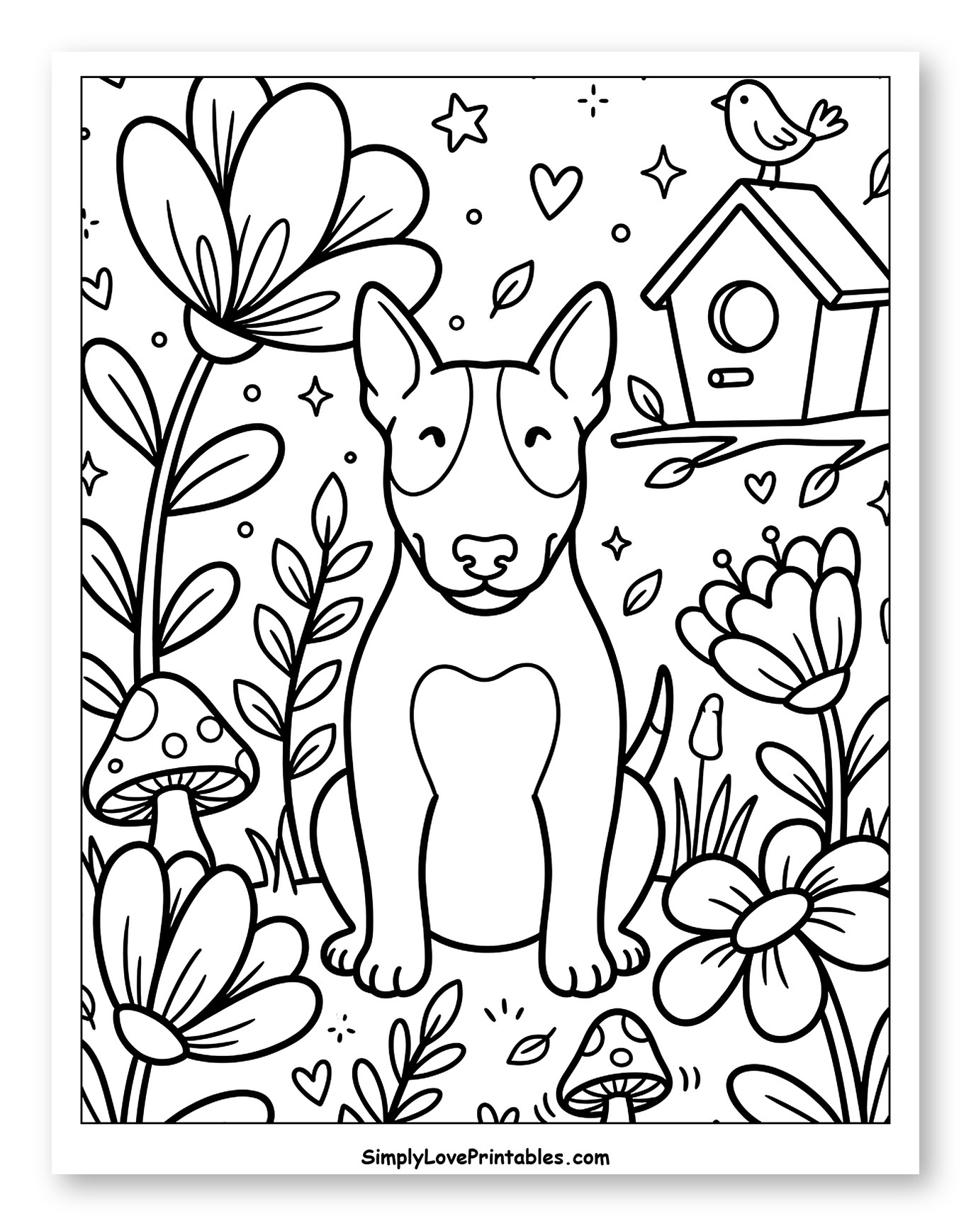 Bull Terrier in a Whimsical Garden Coloring Sheet for Adults