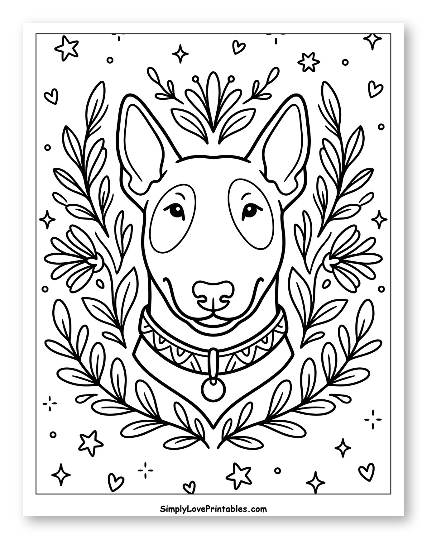 Bull Terrier Portrait with Floral Frame to Color for Adults