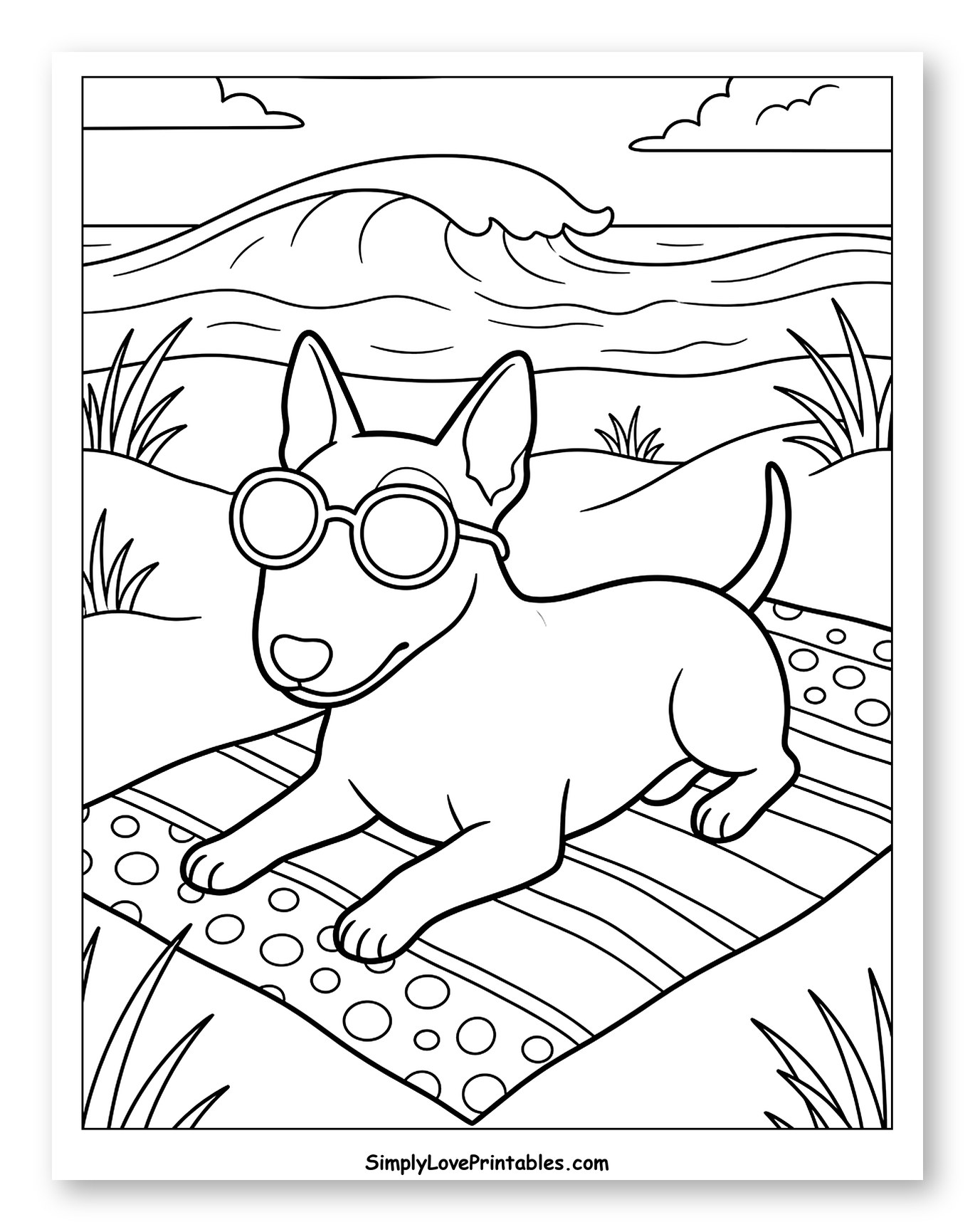 Bull Terrier Wearing Sunglasses on Beach