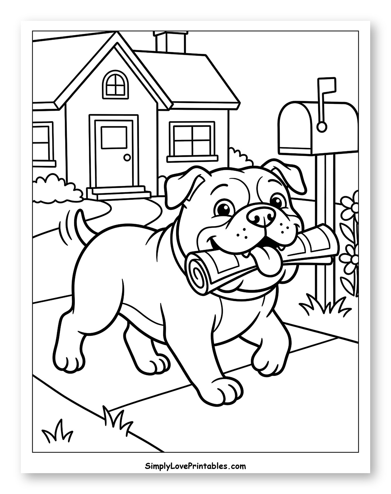 Bulldog Delivering Newspaper on a Sunny Day to Color for Kids