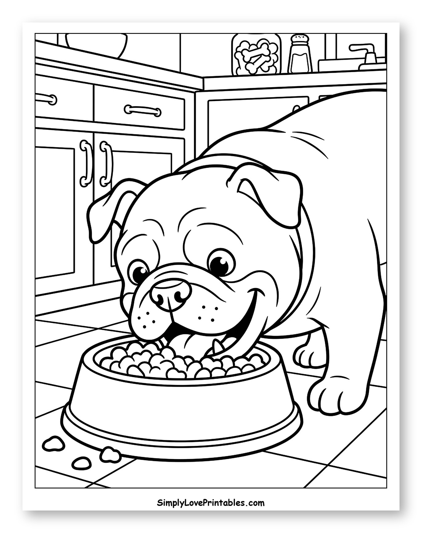 Bulldog Eating Food in Kitchen to Color for Kids