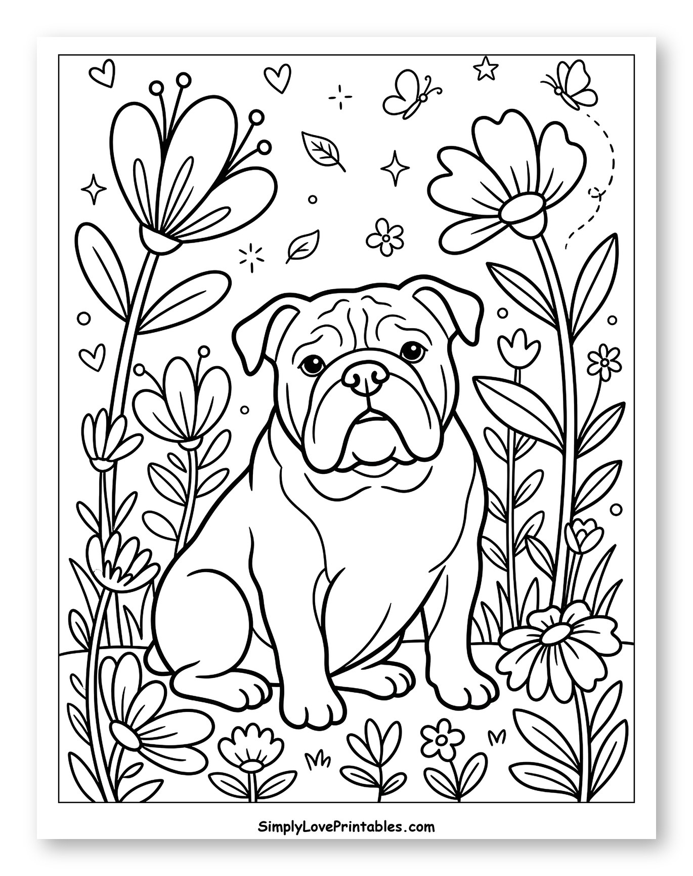 Bulldog Sitting Among Flowers and Butterflies