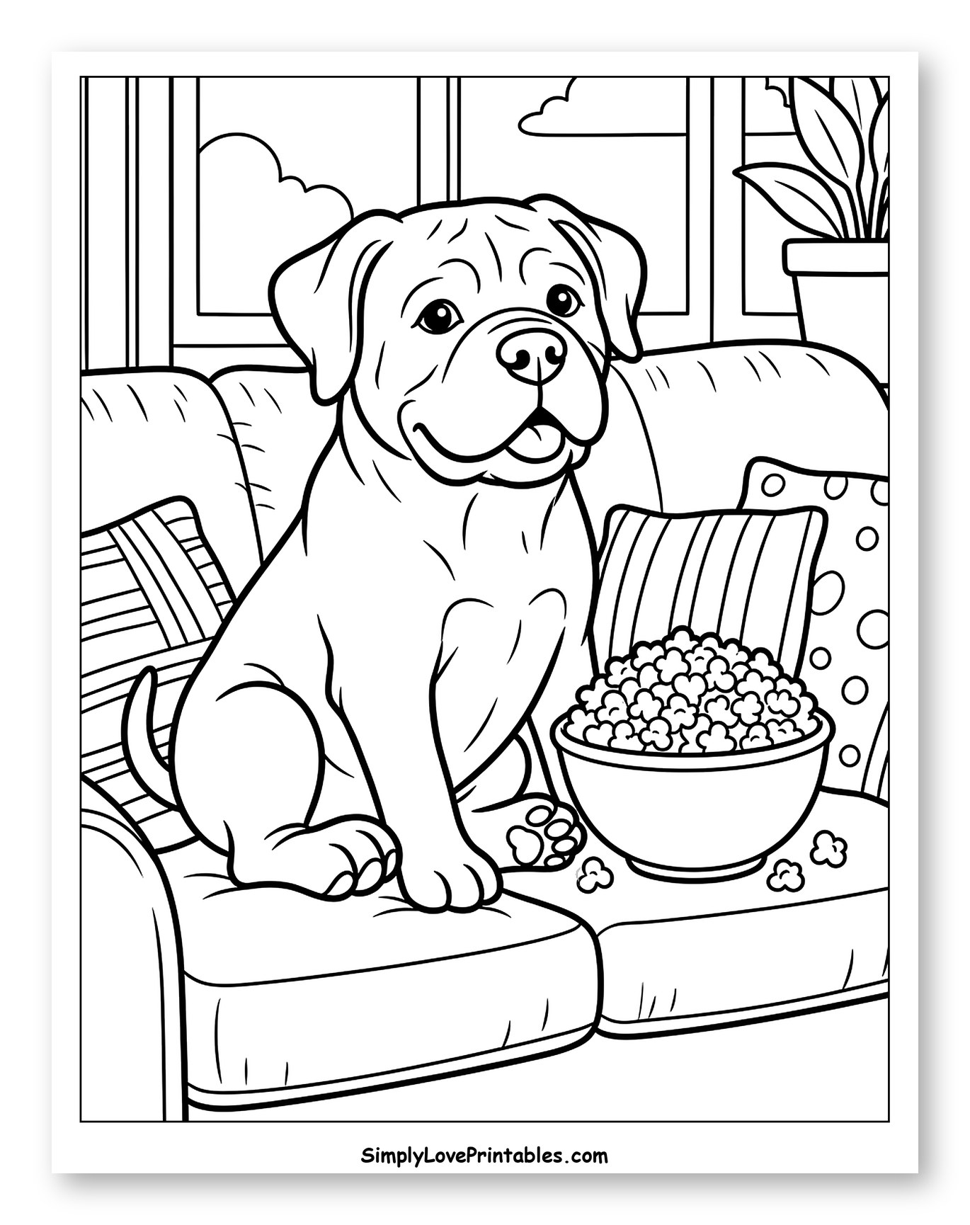 Bullmastiff Dog on Couch with Popcorn to Color for Kids