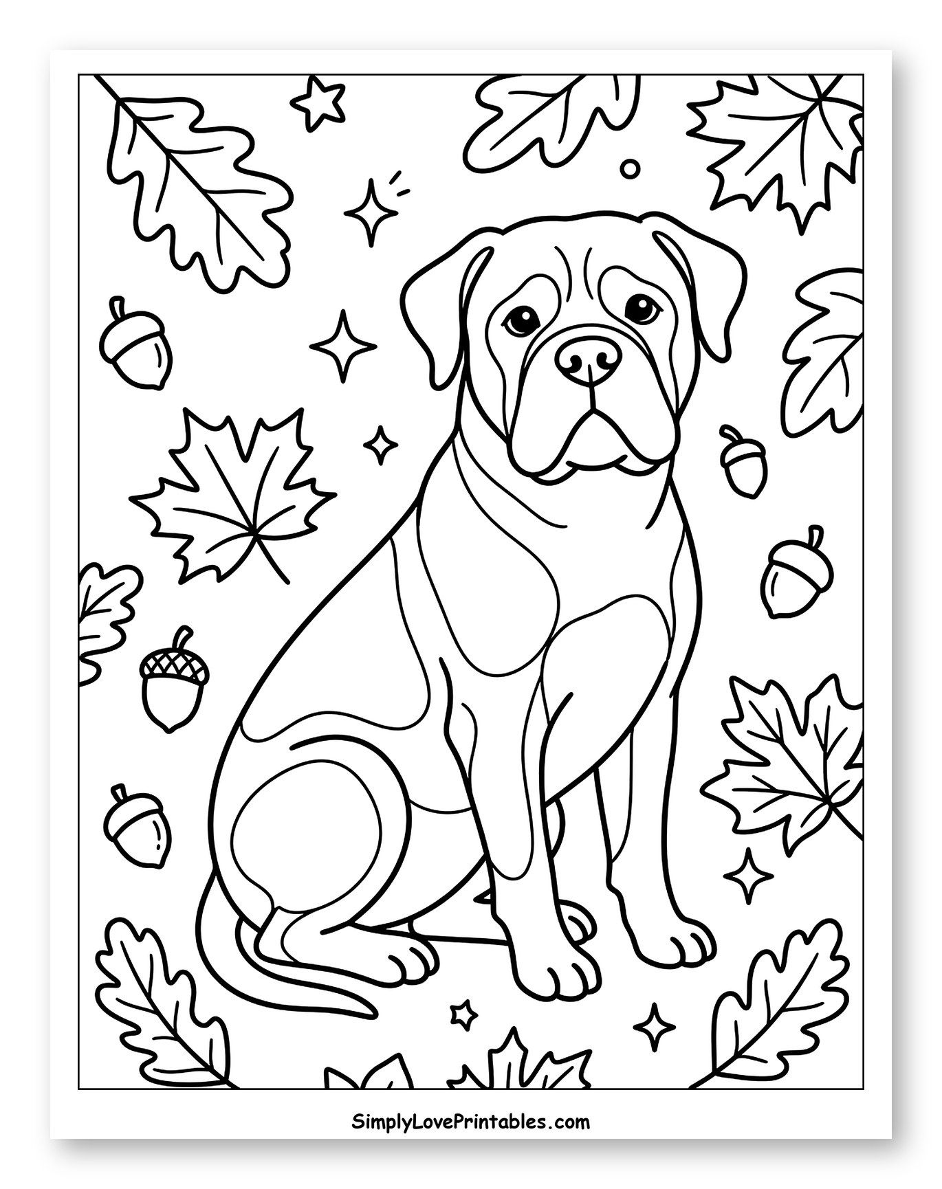 Bullmastiff Dog with Autumn Leaves and Acorns