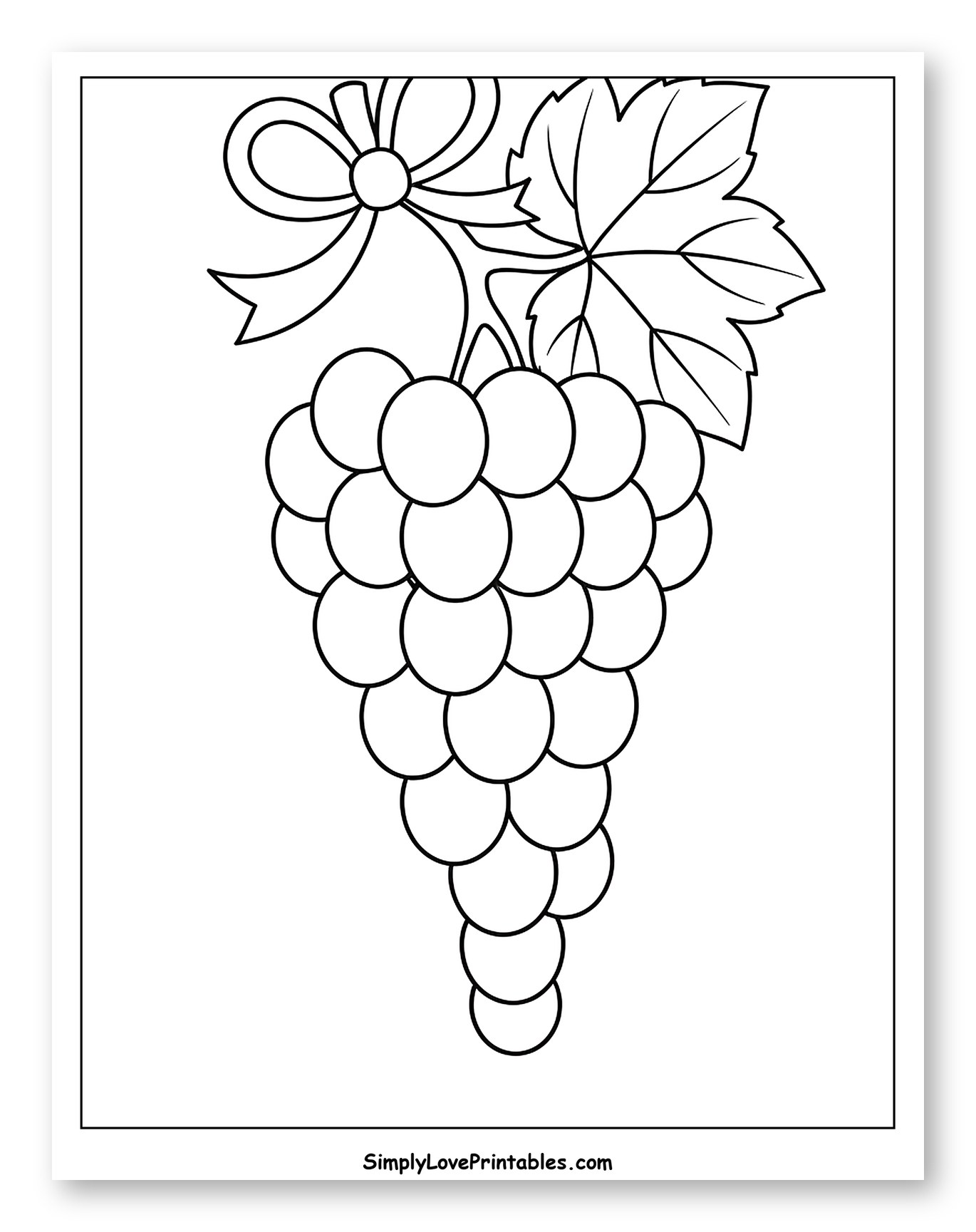 Bunch of Grapes with Leaf and Bow Coloring Page for Toddlers