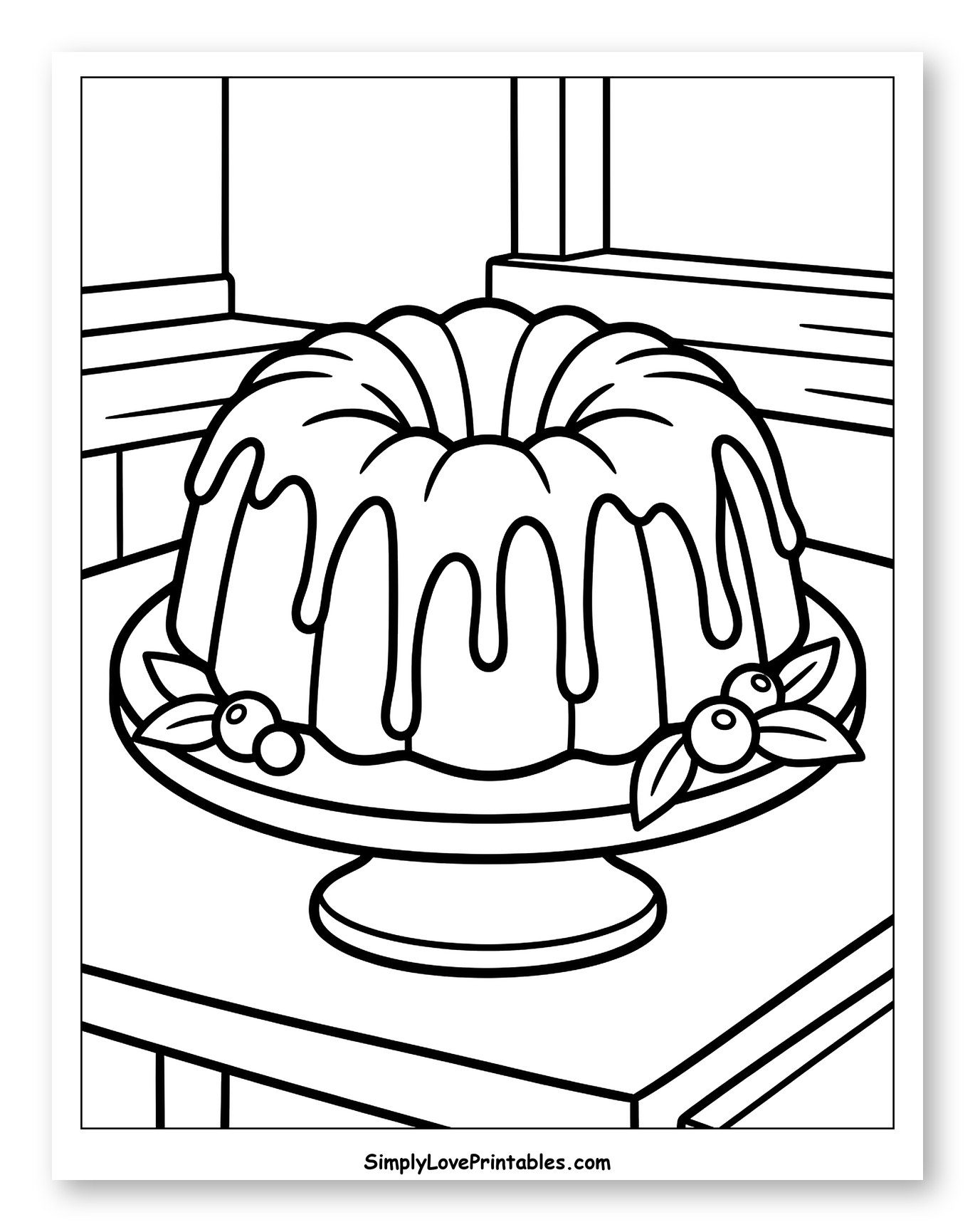 Bundt Cake with Icing and Berries to Color for Toddlers