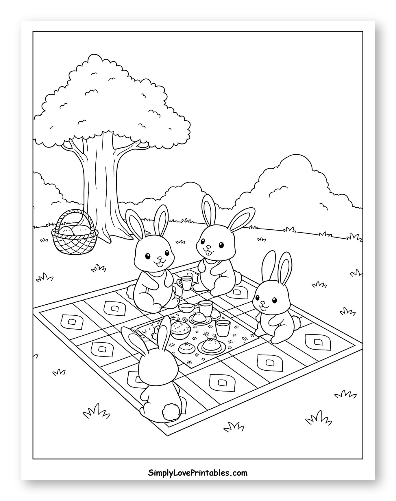 Bunnies Having a Picnic on a Patterned Rug Coloring Page for Kids