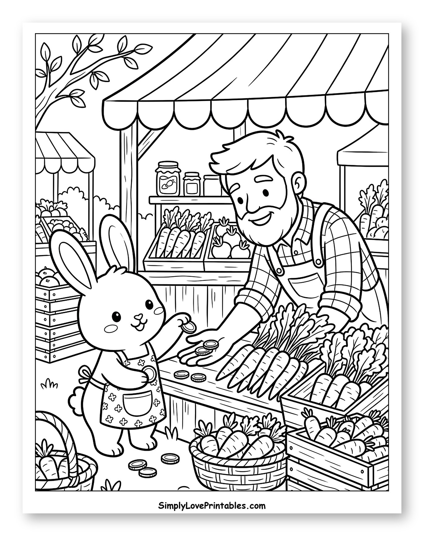 Bunny Buying Carrots at a Farmers Market to Color for Kids