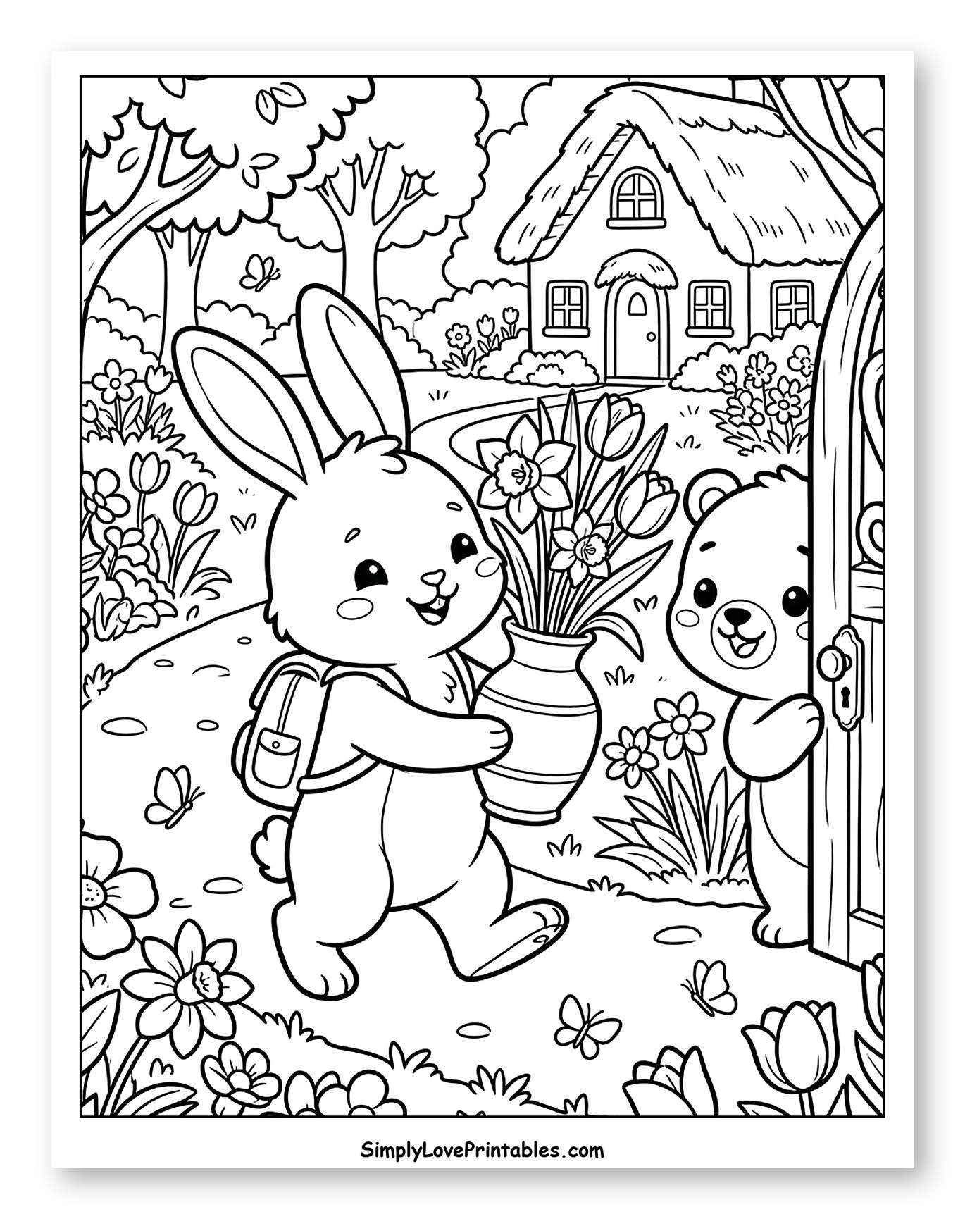 Bunny Delivering Flowers to Bear at Cottage Coloring Sheet for Kids
