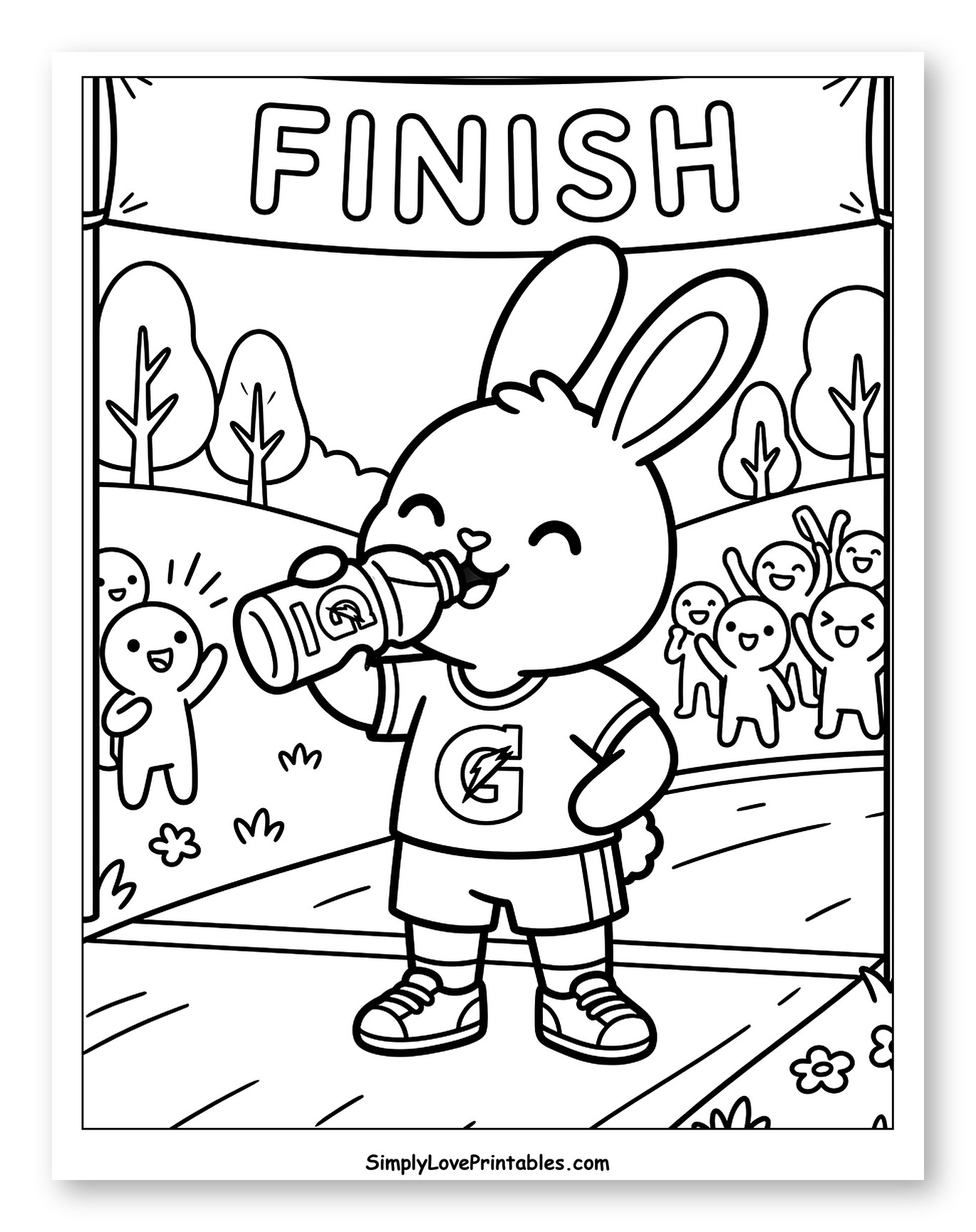 Bunny Drinking Gatorade at Finish Line Coloring Page for Kids