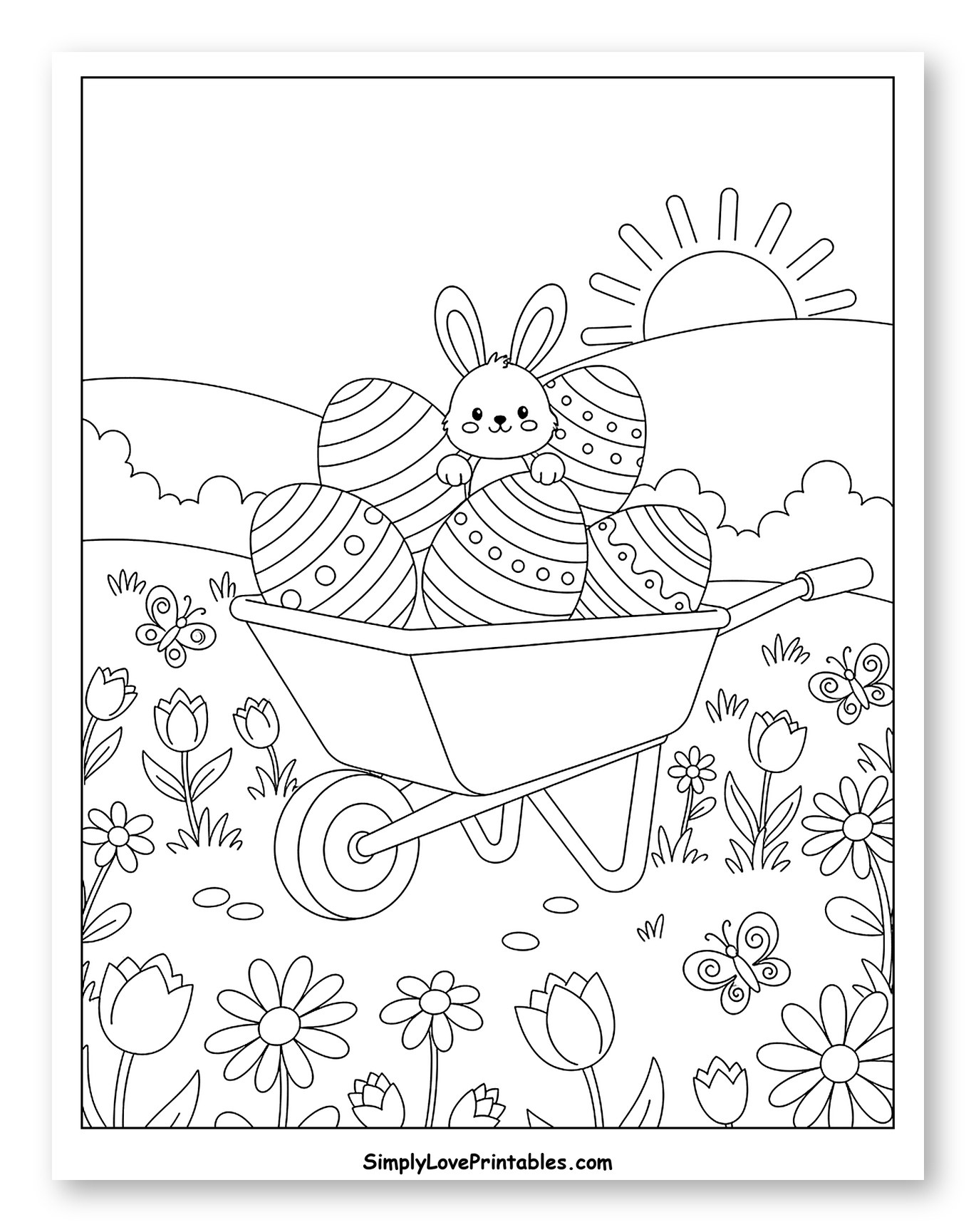 Bunny with Easter Eggs in a Wheelbarrow Garden