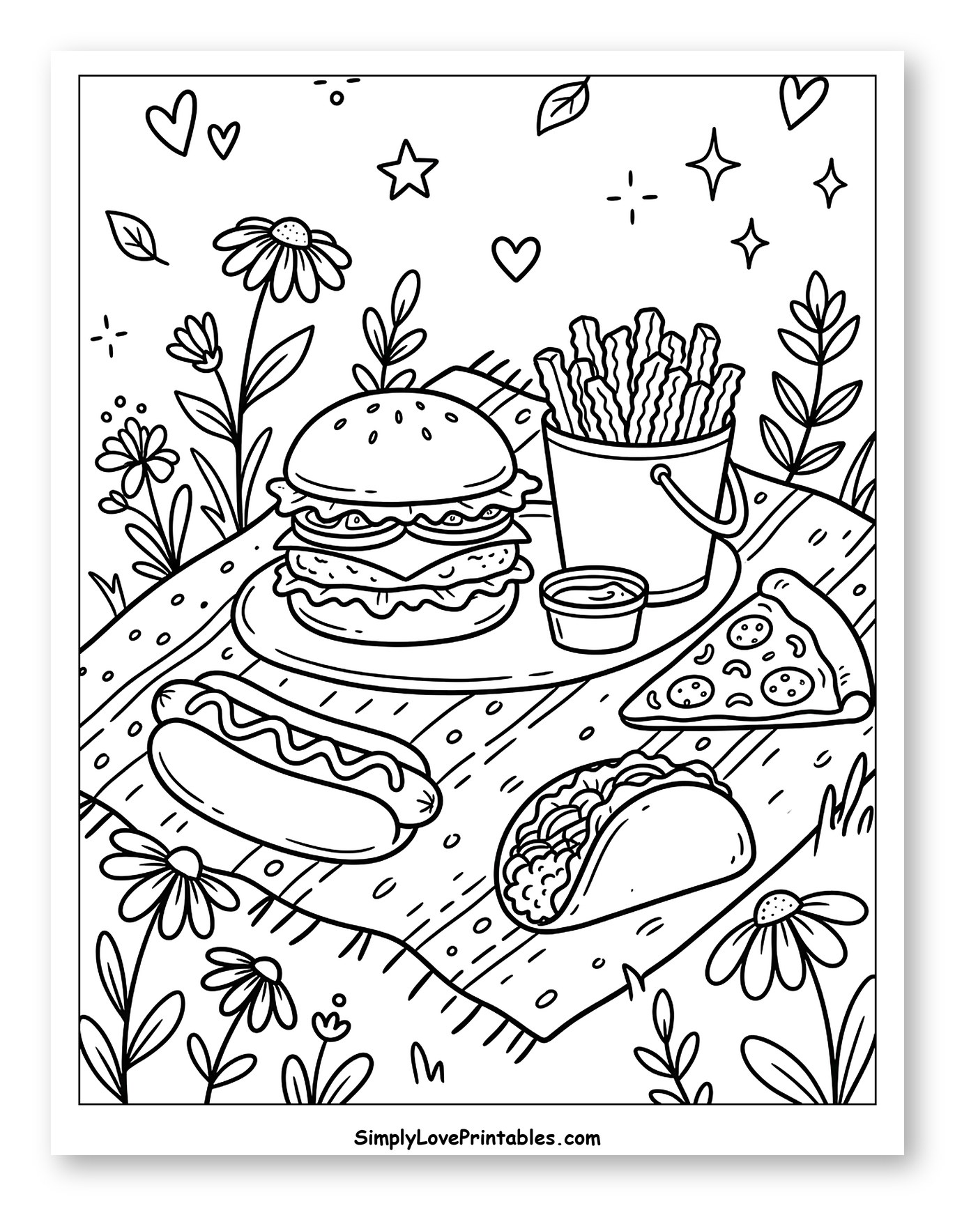 Burger, Fries, Hot Dog, and Pizza Picnic