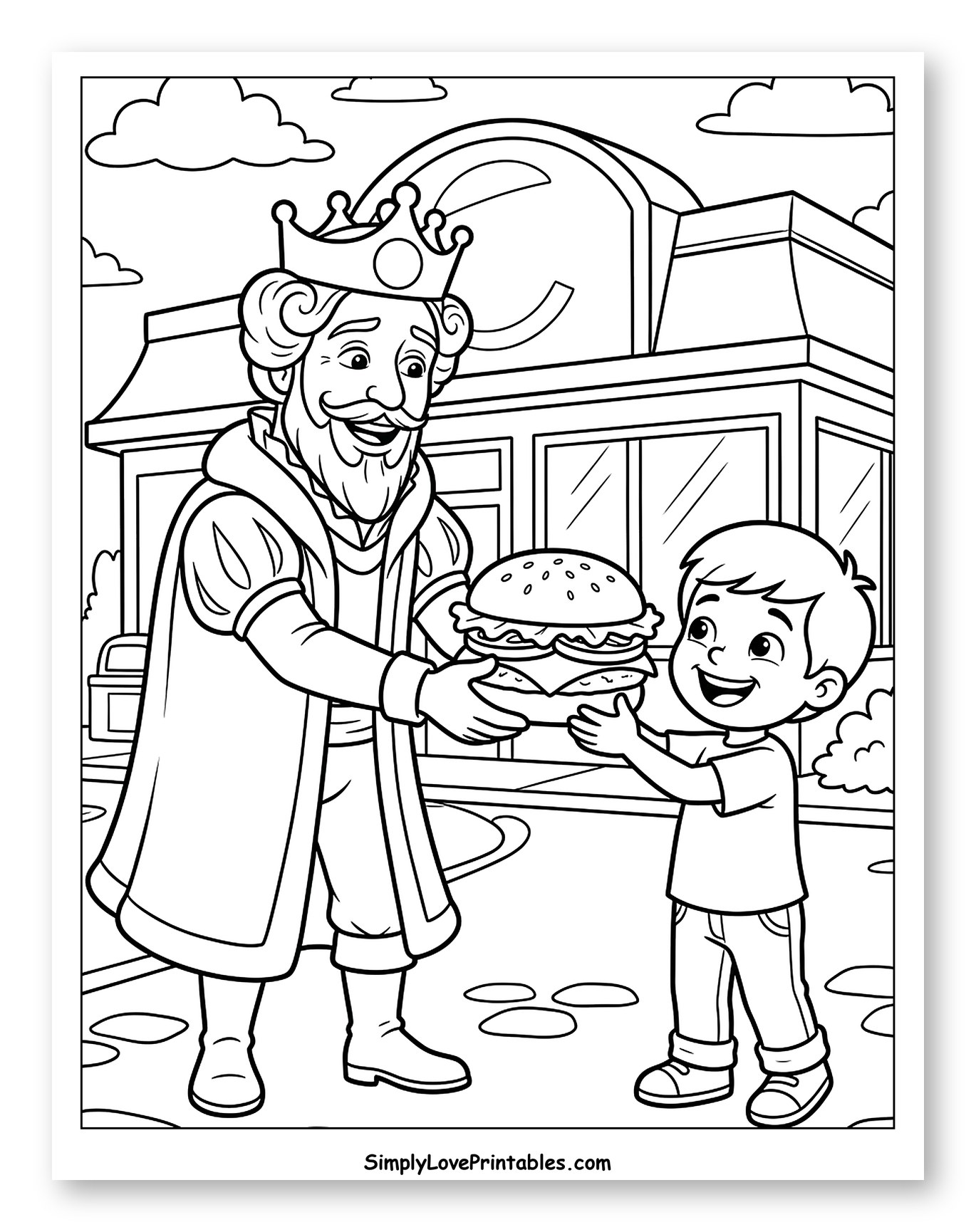 Burger King Giving Hamburger to Smiling Child Coloring Page for Kids