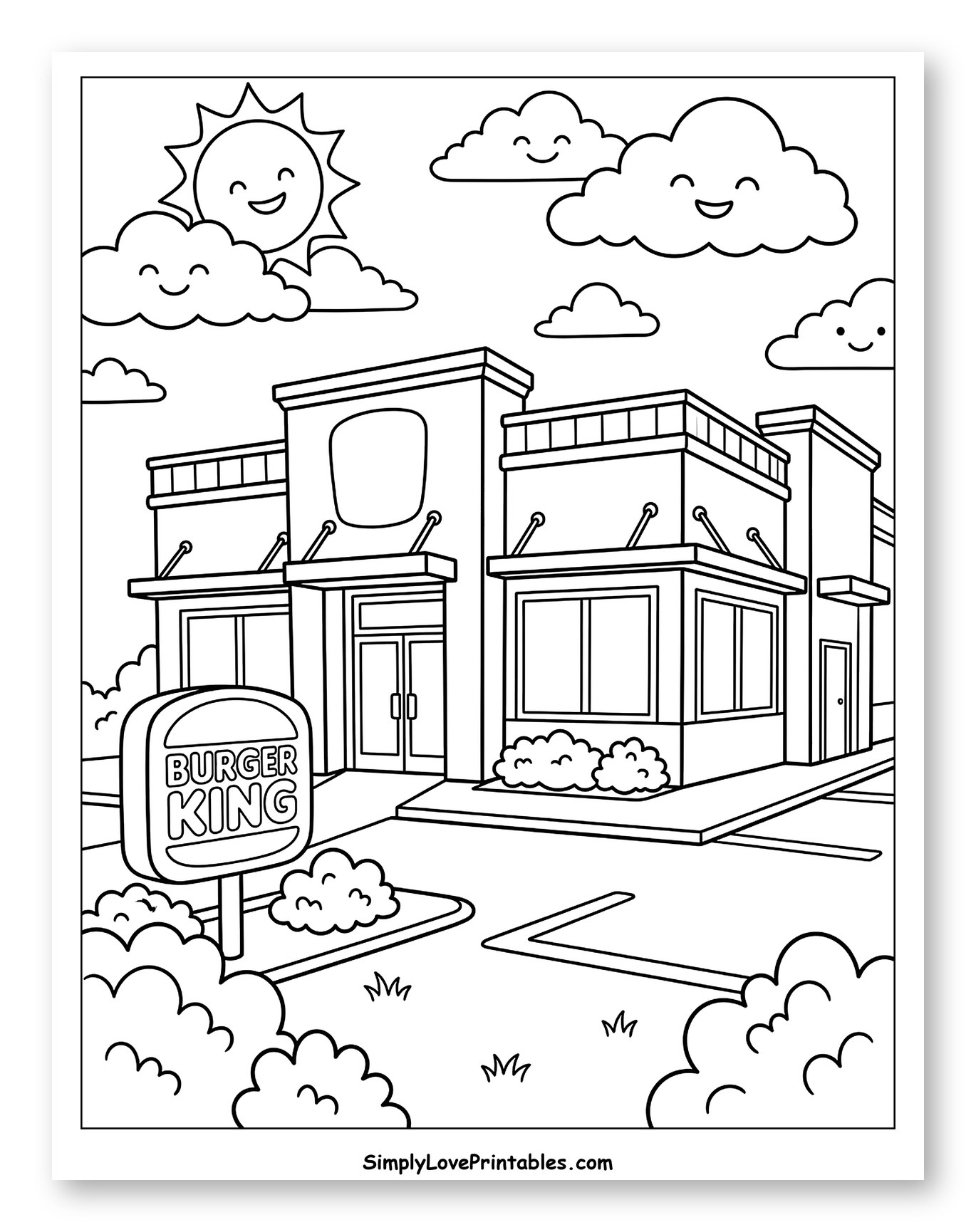 Burger King Restaurant with Smiling Sun and Clouds Coloring Page for Kids