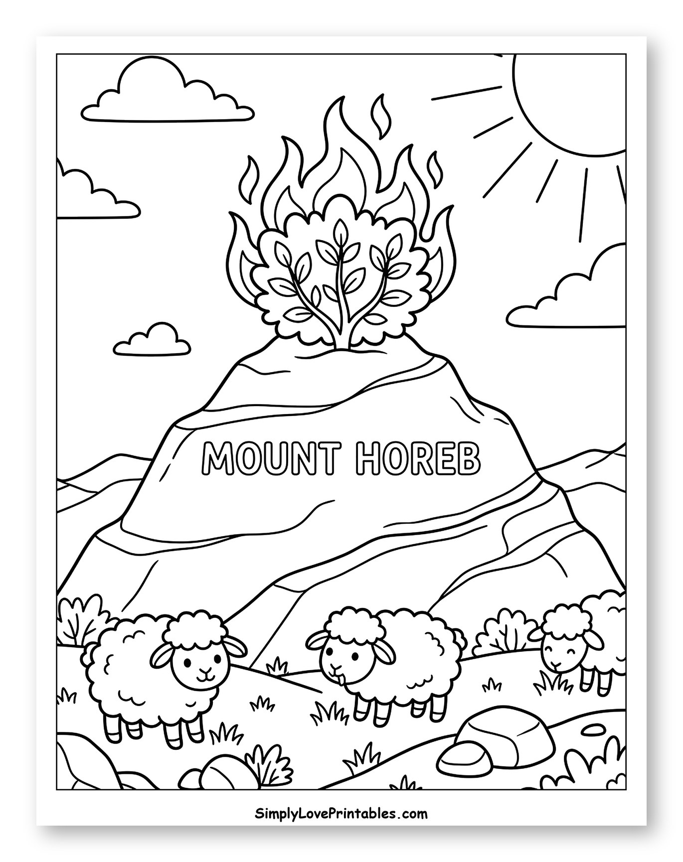 Burning Bush on Mount Horeb with Sheep Coloring Sheet for Kids