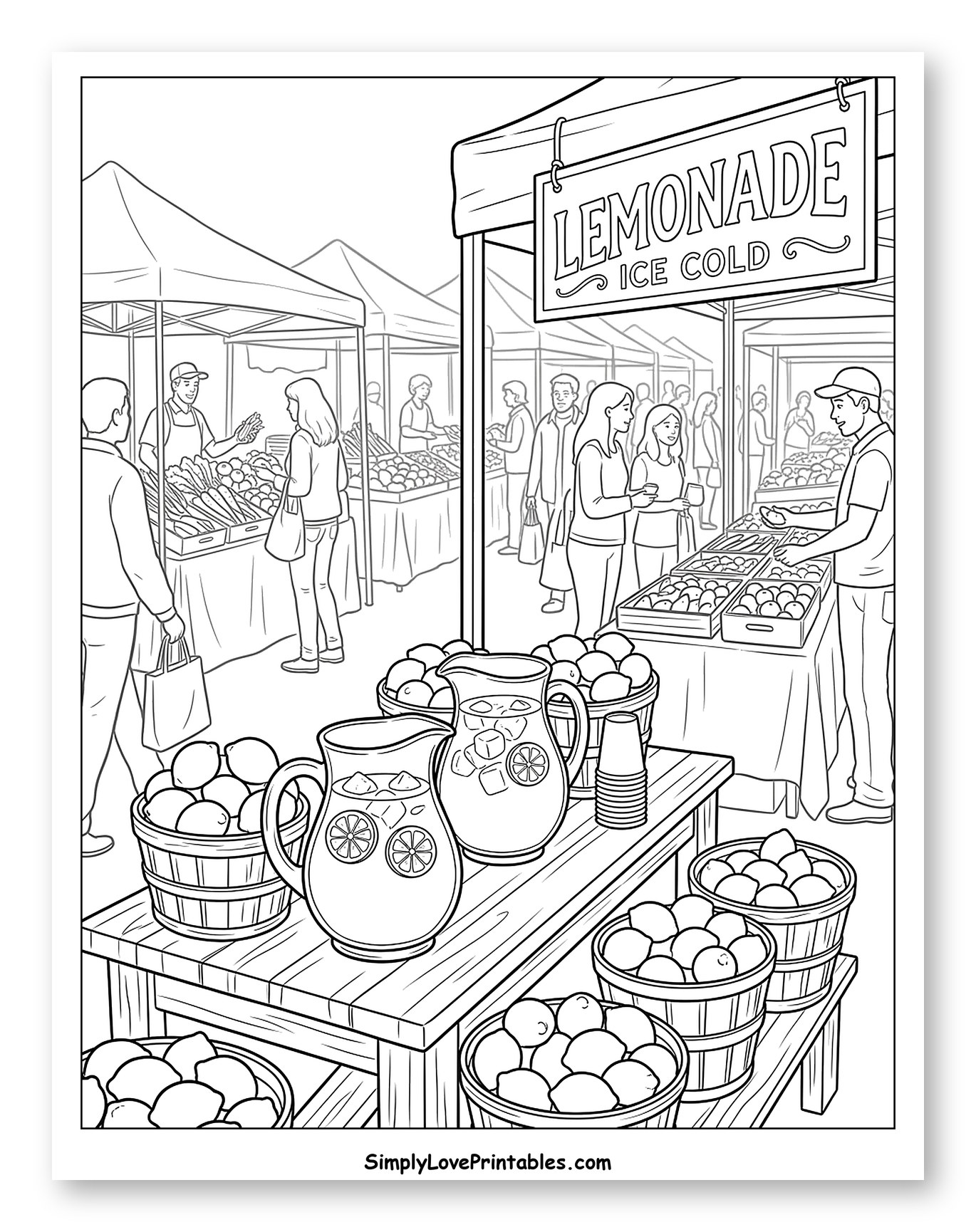 Bustling Farmers Market Lemonade Stand Coloring Sheet