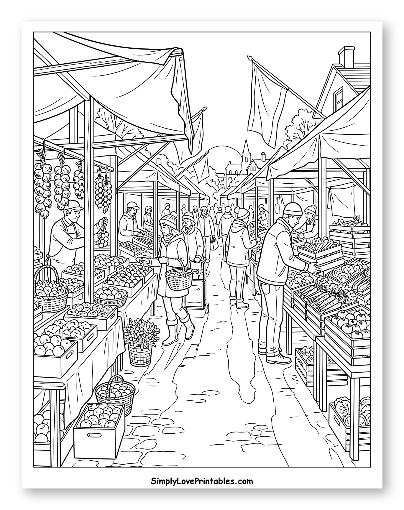 Bustling Outdoor Farmers Market Scene Coloring Page