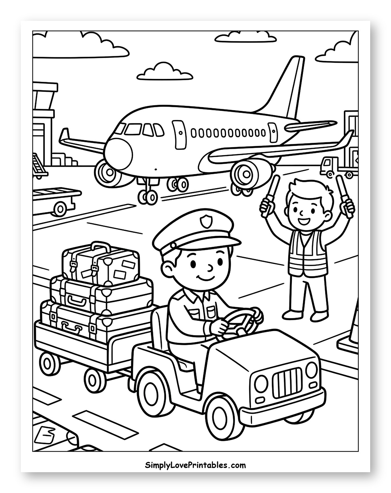 Busy Airport Tarmac with Luggage and Crew Coloring Sheet for Kids