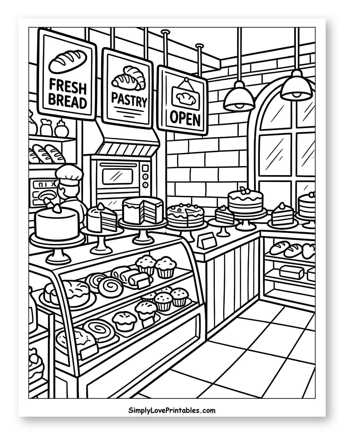 Busy Bakery Interior with Cakes and Bread