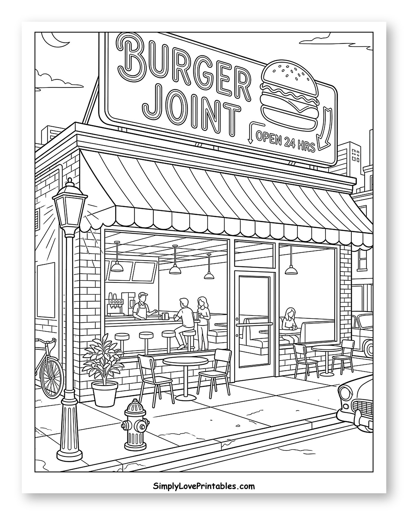 Busy Burger Joint on a City Street Coloring Page