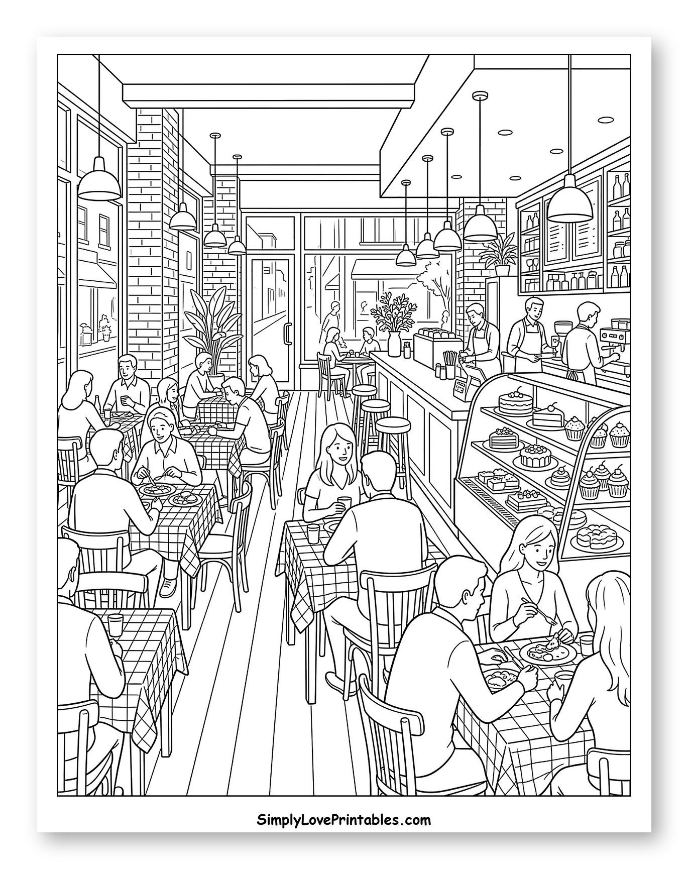 Busy Cafe Interior with Diners and Staff