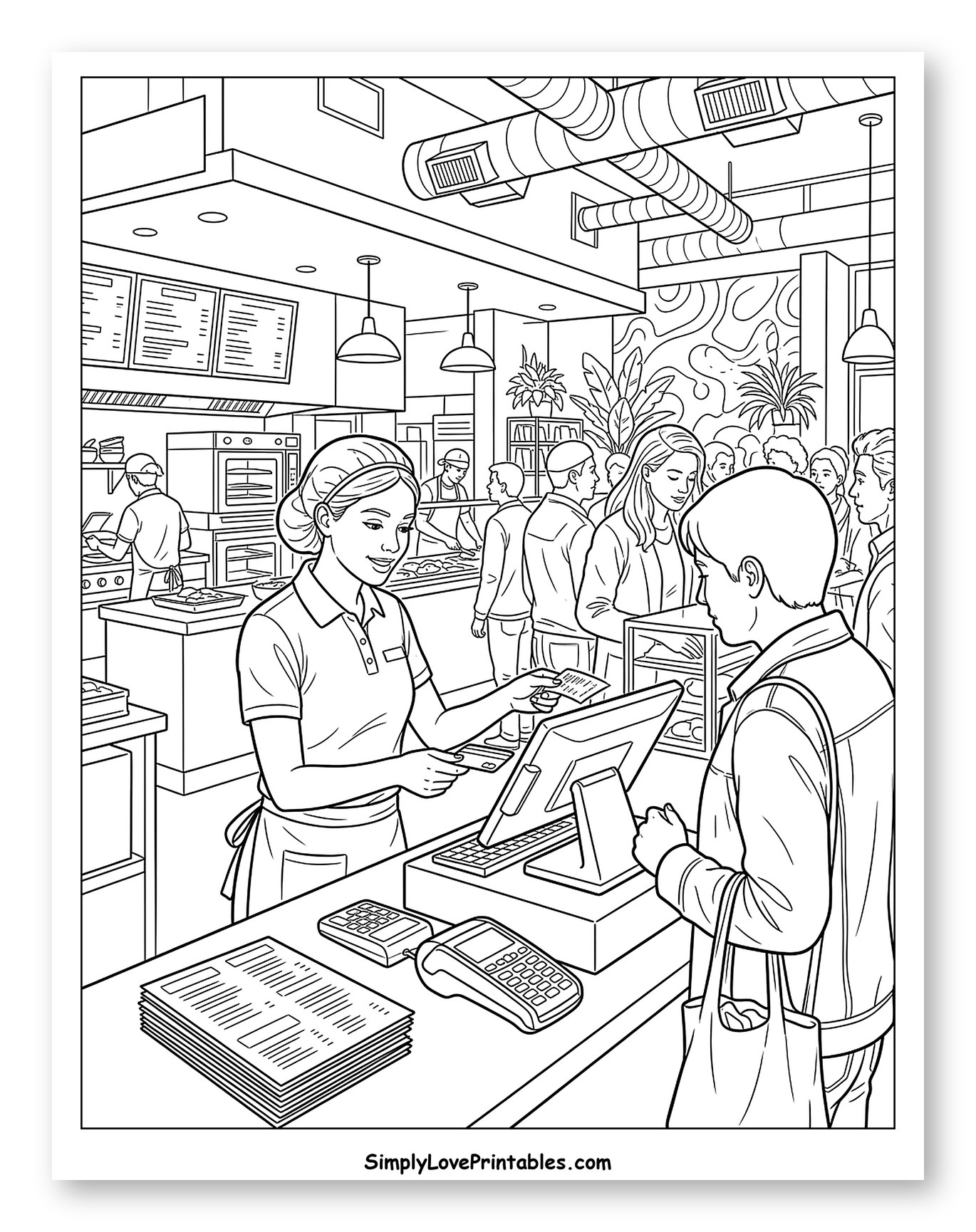Busy Cashier and Customers in Restaurant