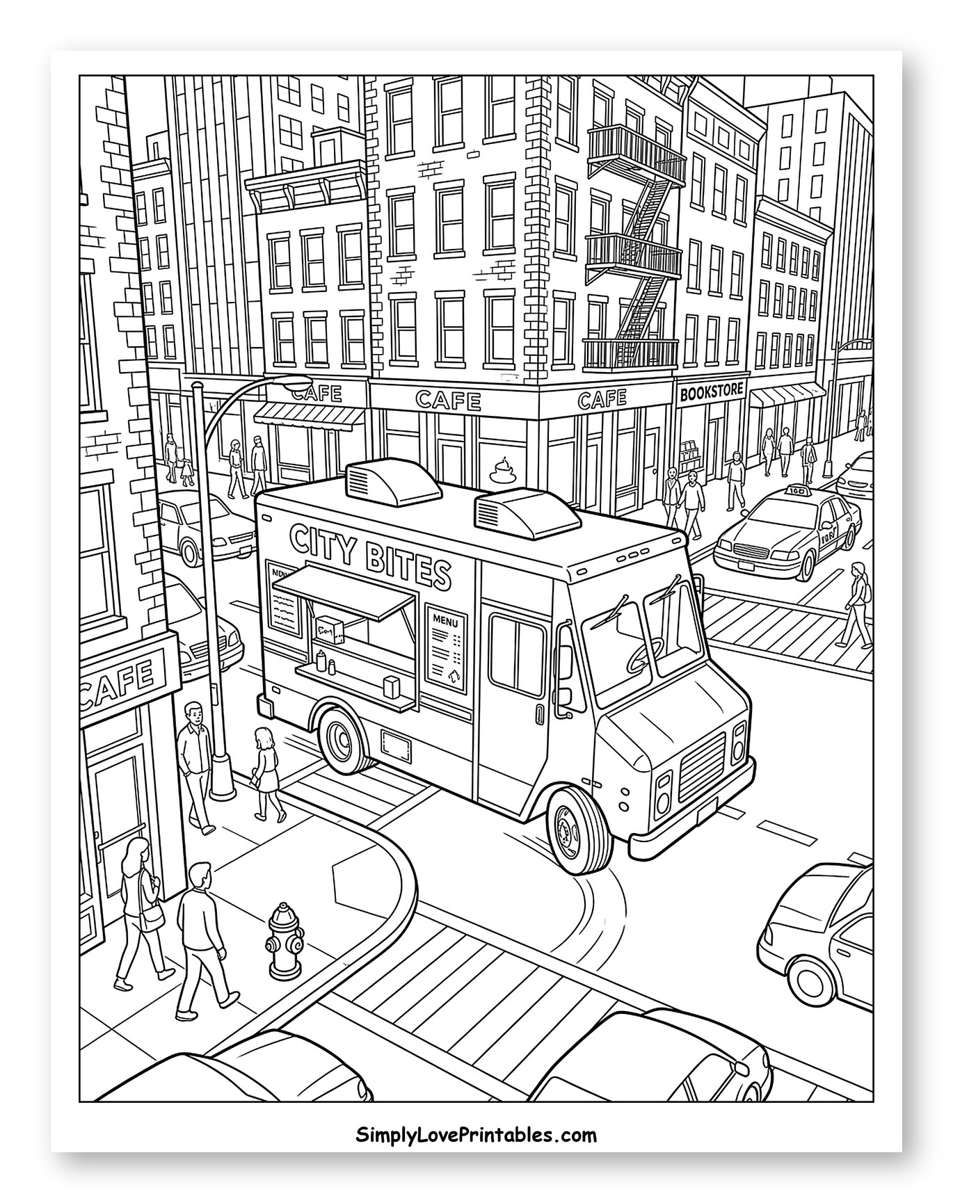 Busy City Corner with Food Truck Coloring Sheet