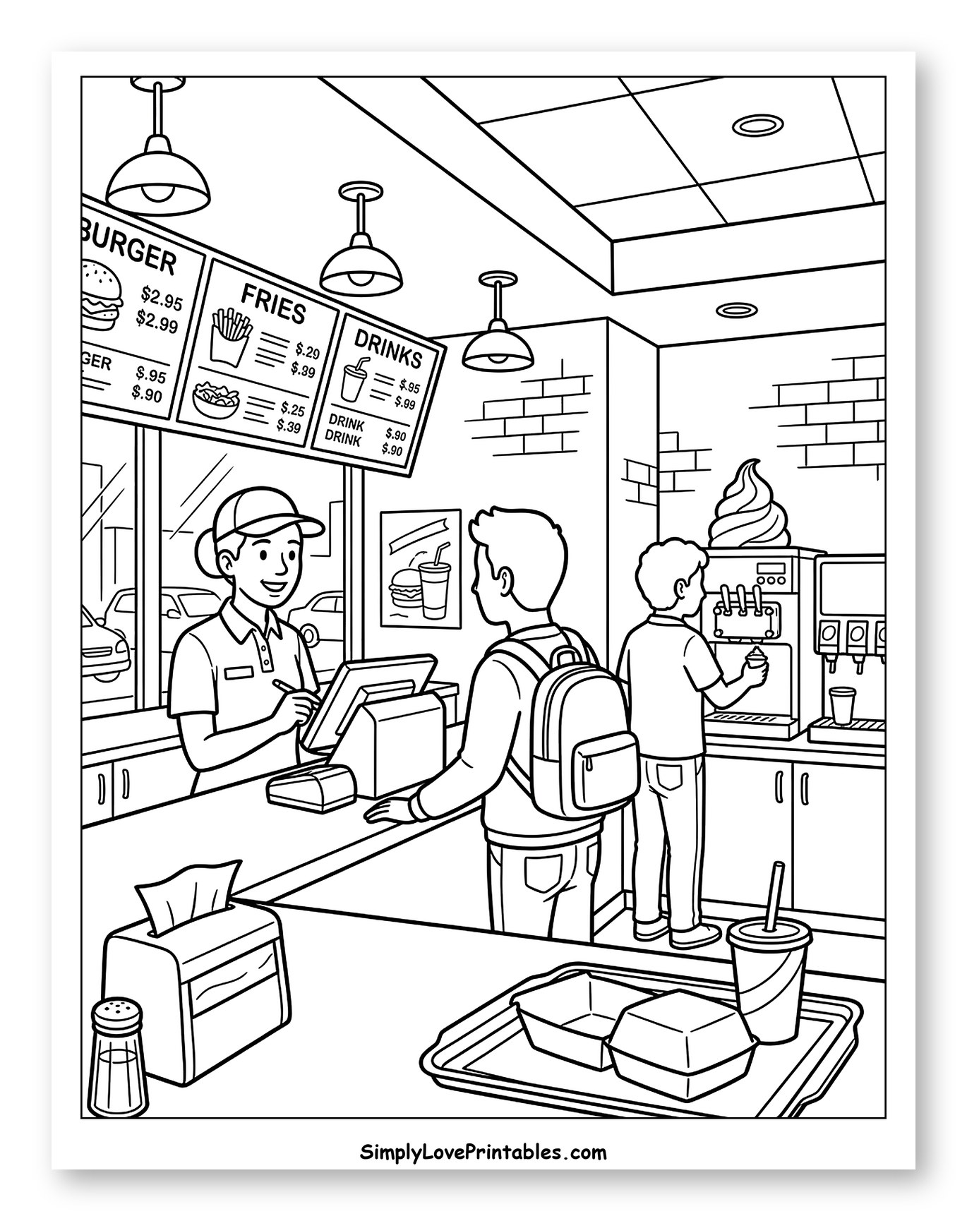 Busy Fast Food Restaurant Scene to Color for Toddlers