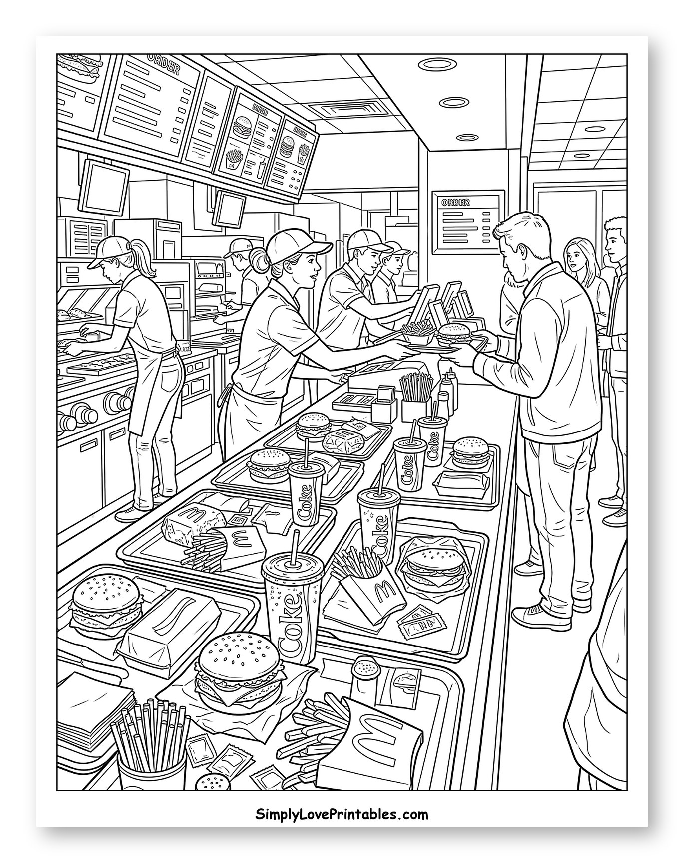 Busy Fast Food Restaurant with Burgers and Coke Coloring Page