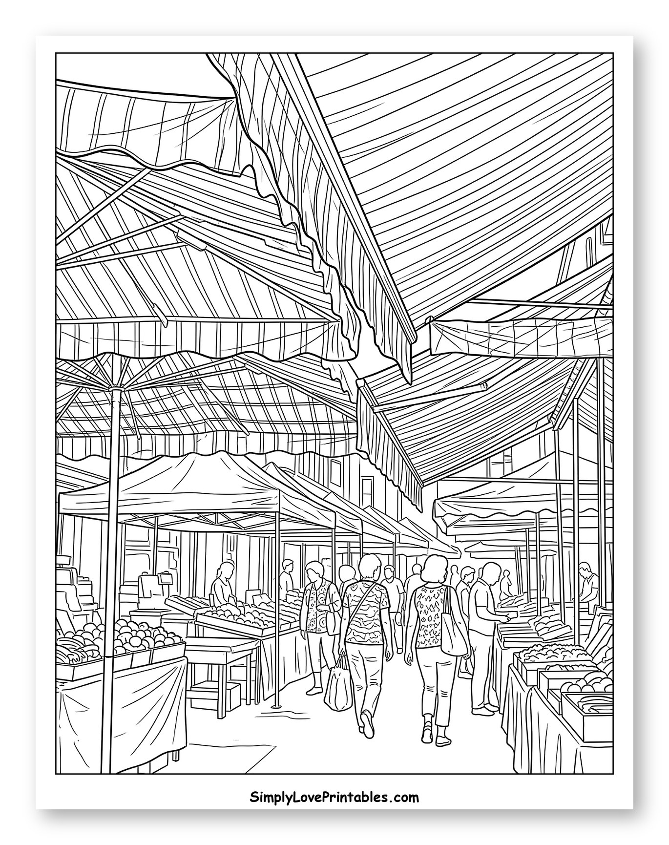 Busy Outdoor Farmers Market Aisle Coloring Sheet