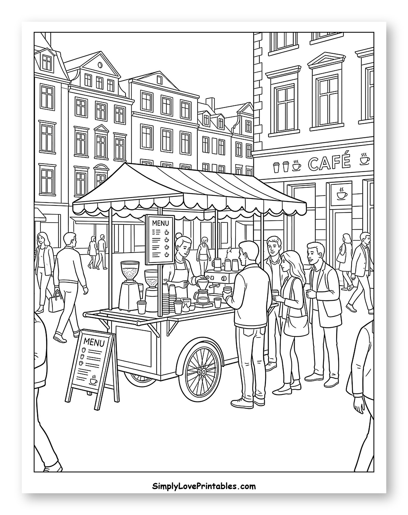 Busy Street with Coffee Cart and Cafe Coloring Page