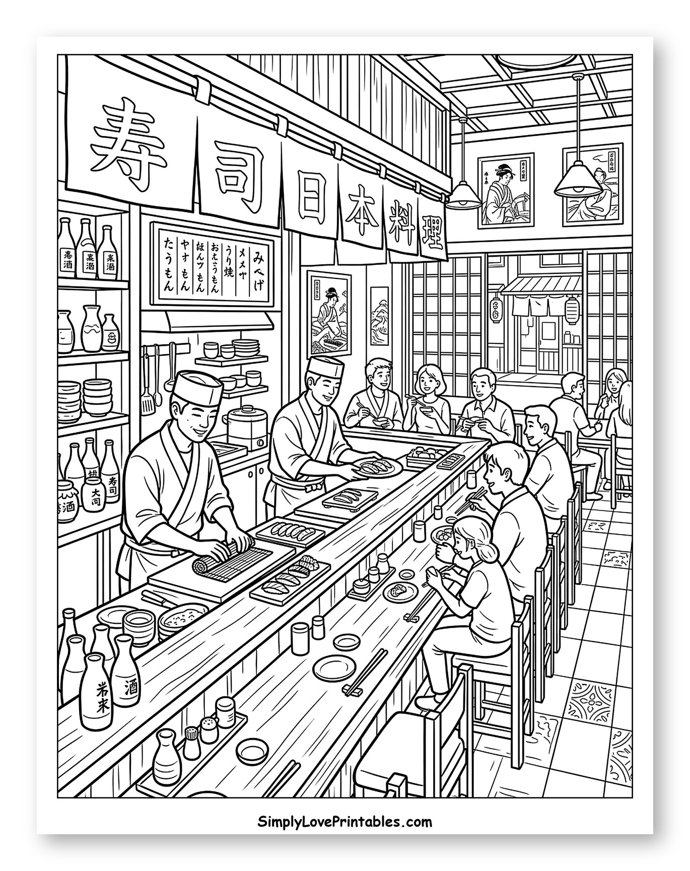 Busy Sushi Bar with Chefs and Customers