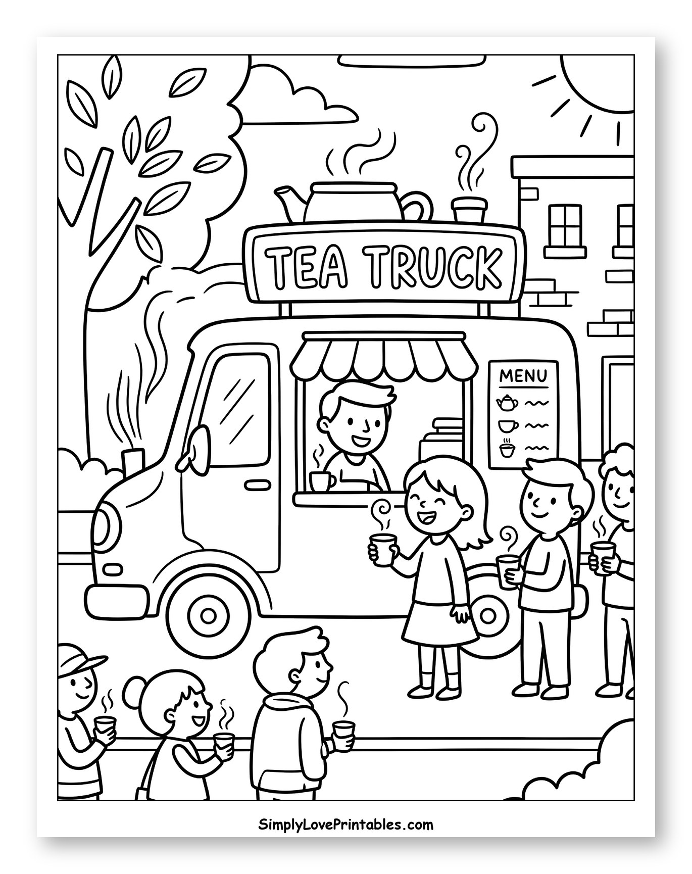 Busy Tea Truck with Happy Customers Coloring Page for Kids