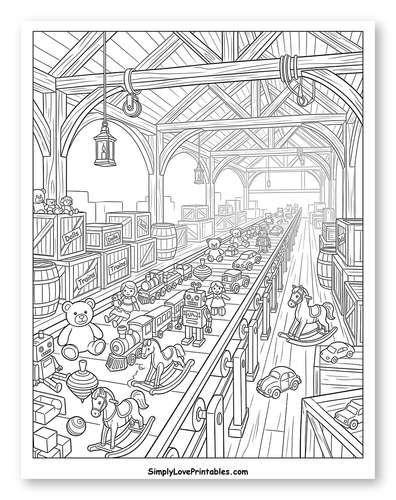 Busy Toy Assembly Line in Santa's Workshop Coloring Page