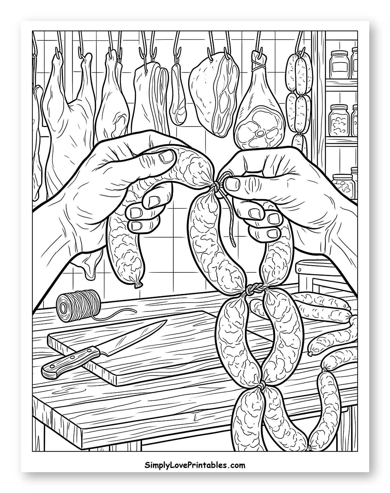 Butcher Hands Tying Fresh Sausages