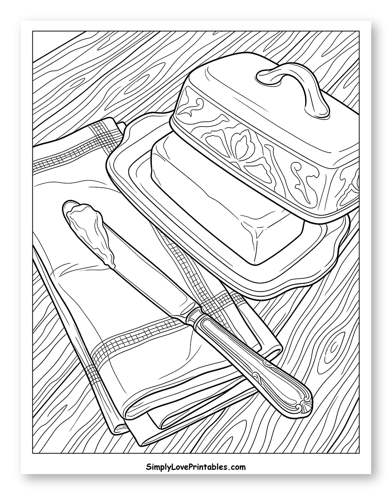 Butter Dish with Knife and Napkin on Wood