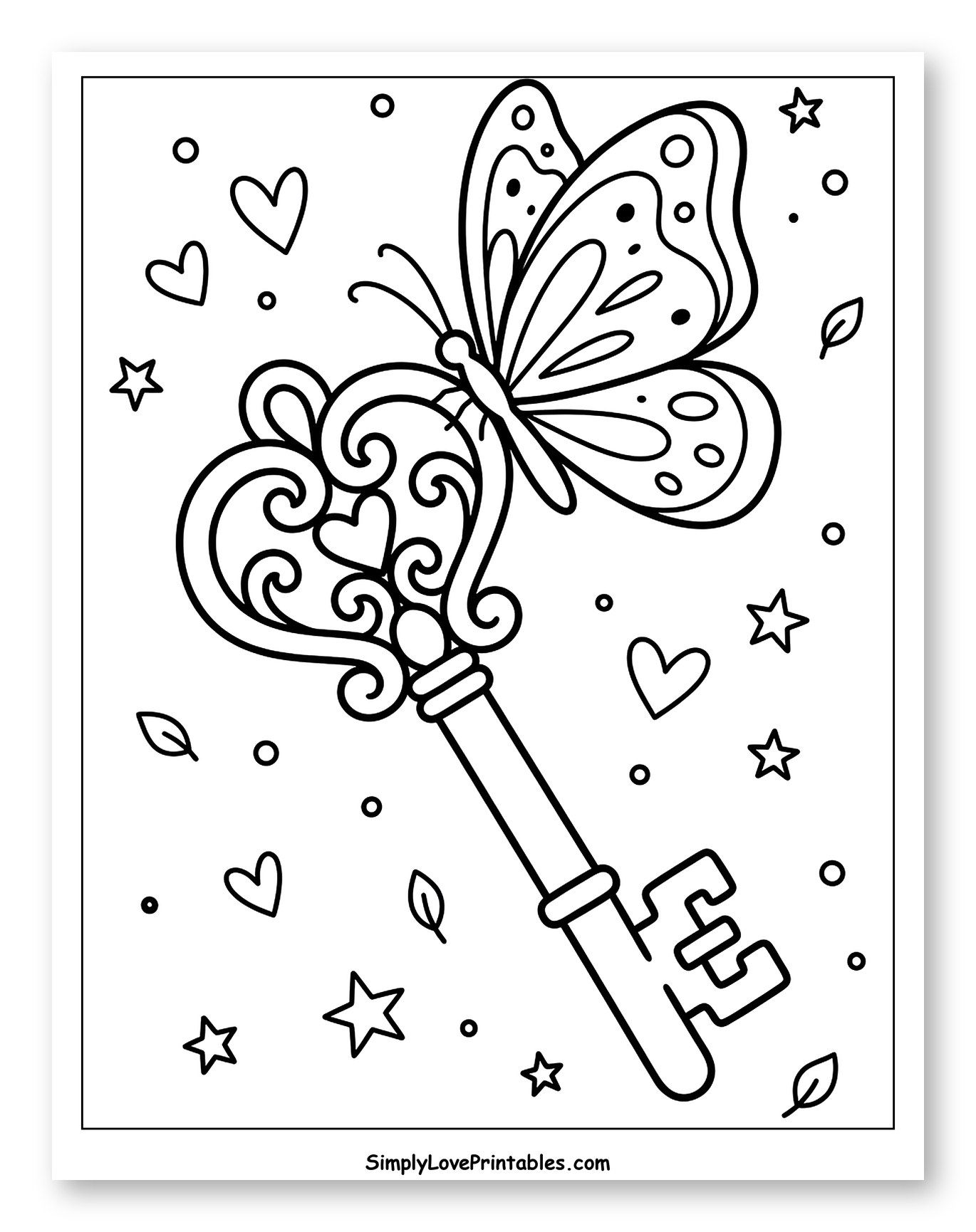 Butterfly on an Ornate Heart Key with Stars Coloring Page for Adults