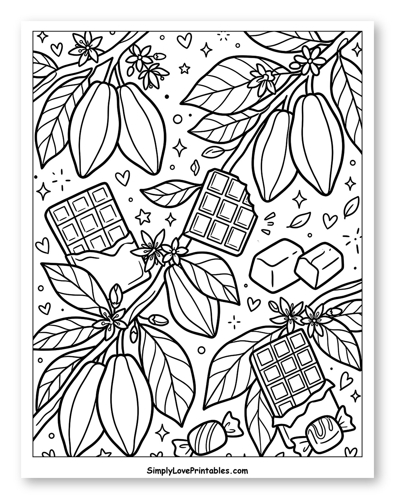 Cacao Plants and Assorted Chocolate Treats to Color for Adults