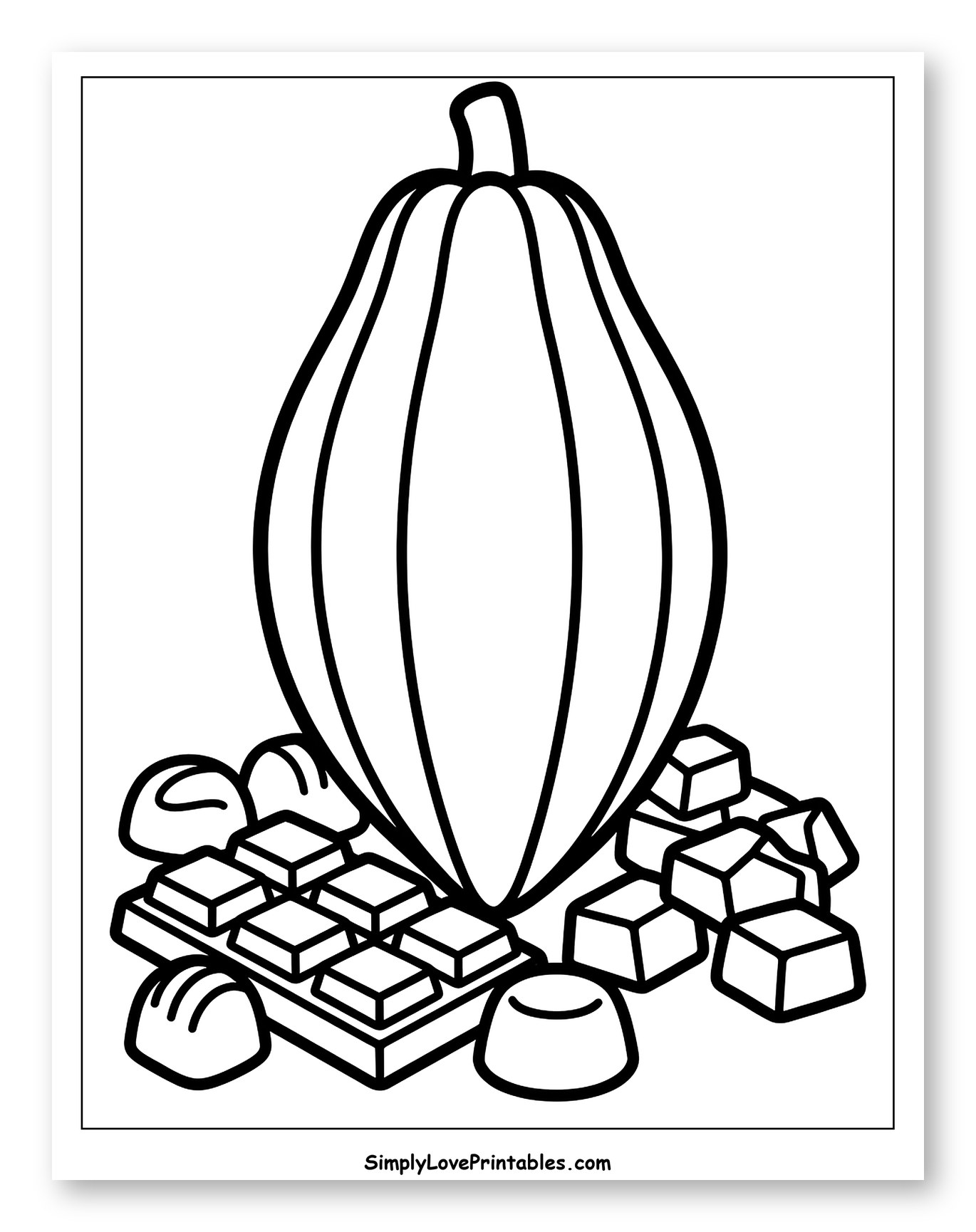 Cacao Pod with Chocolate Bar and Truffles Coloring Sheet for Toddlers