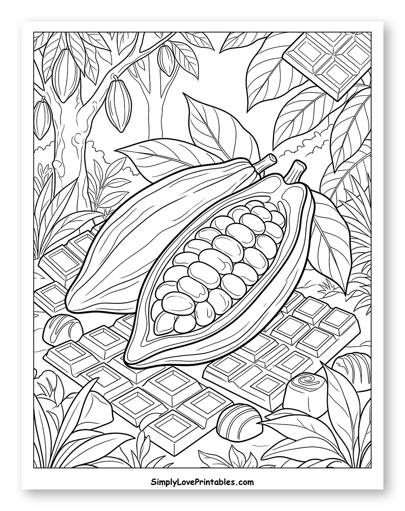 Cacao Pods with Chocolate Bars and Candies to Color