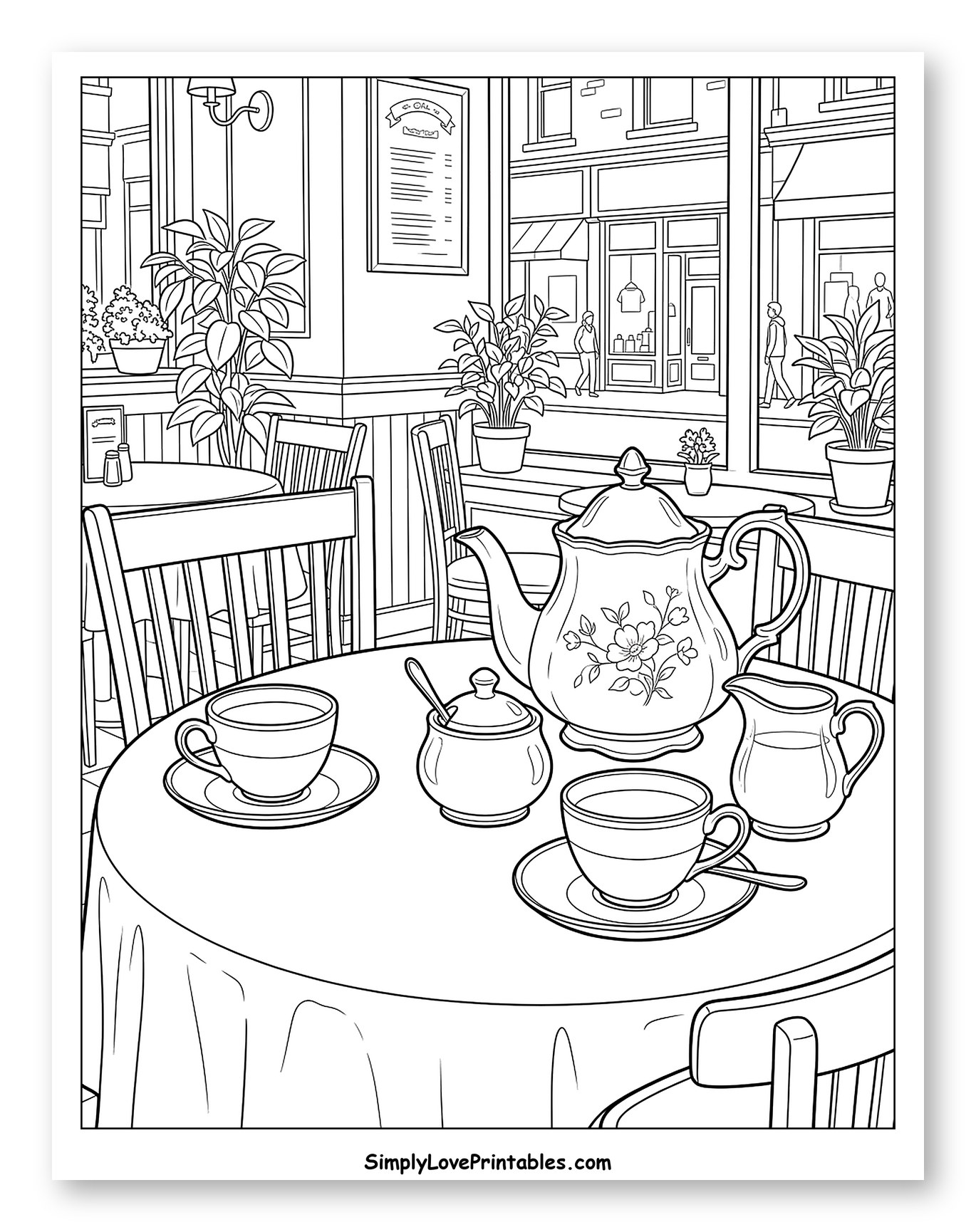 Cafe Table with Tea Set and Street View to Color