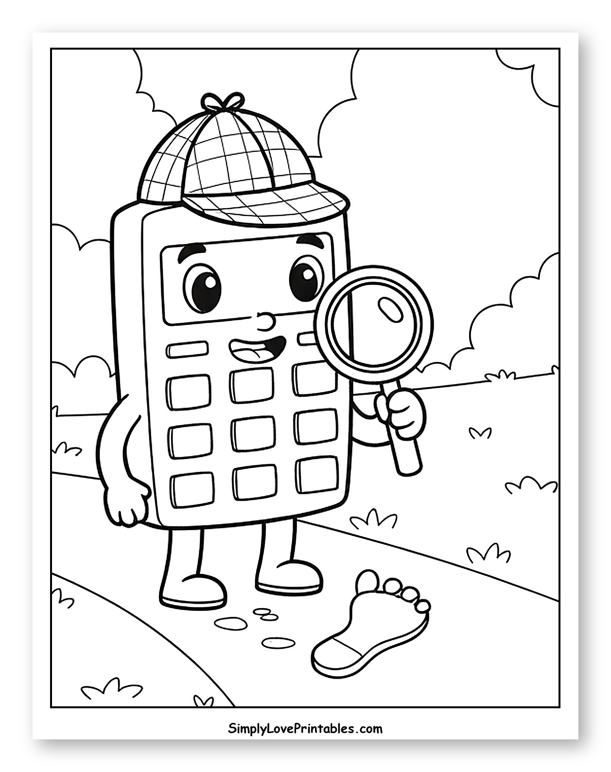 Calculator Detective Examining a Footprint Clue to Color for Kids