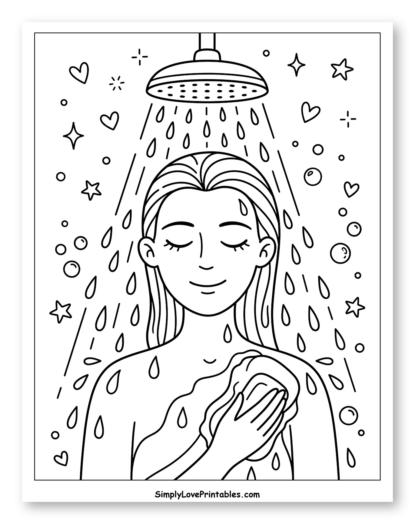 Calm Woman Scrubbing in the Shower Coloring Sheet for Adults