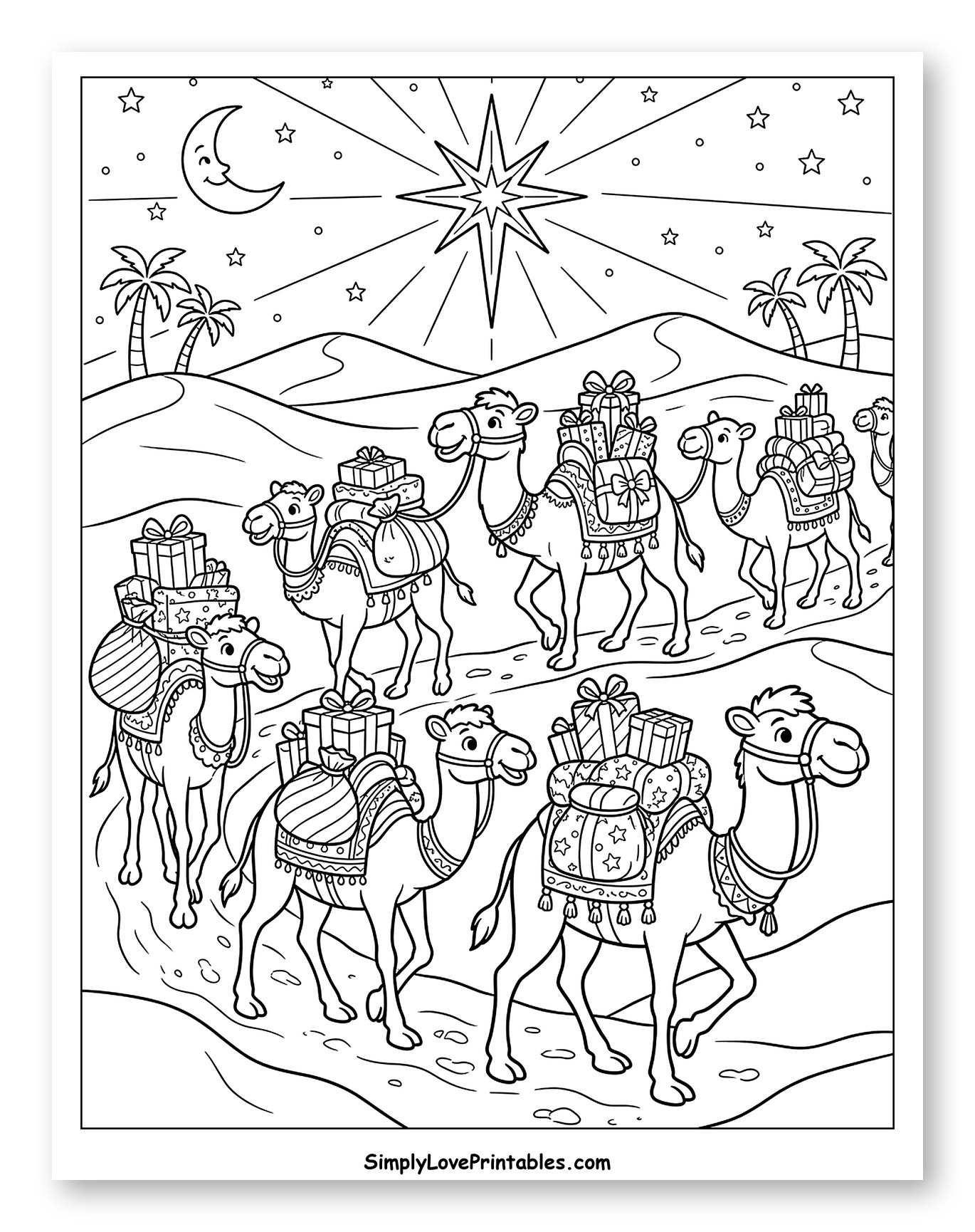 Camels Carrying Gifts Under the Star of Bethlehem to Color for Kids